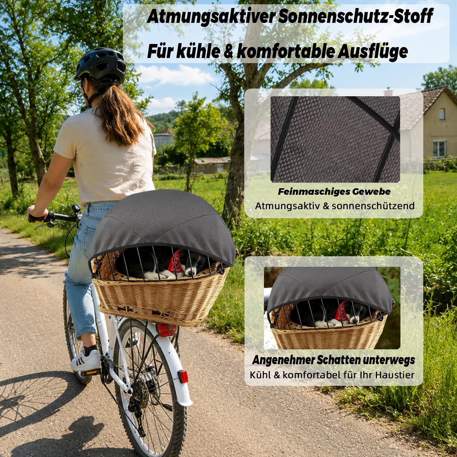 Tenda da sole per cani e cestino per biciclette, grande rete di protezione regolabile per cani, traspirante, antivento e antipolvere, sicura e stabile, utilizzabile tutto l'anno