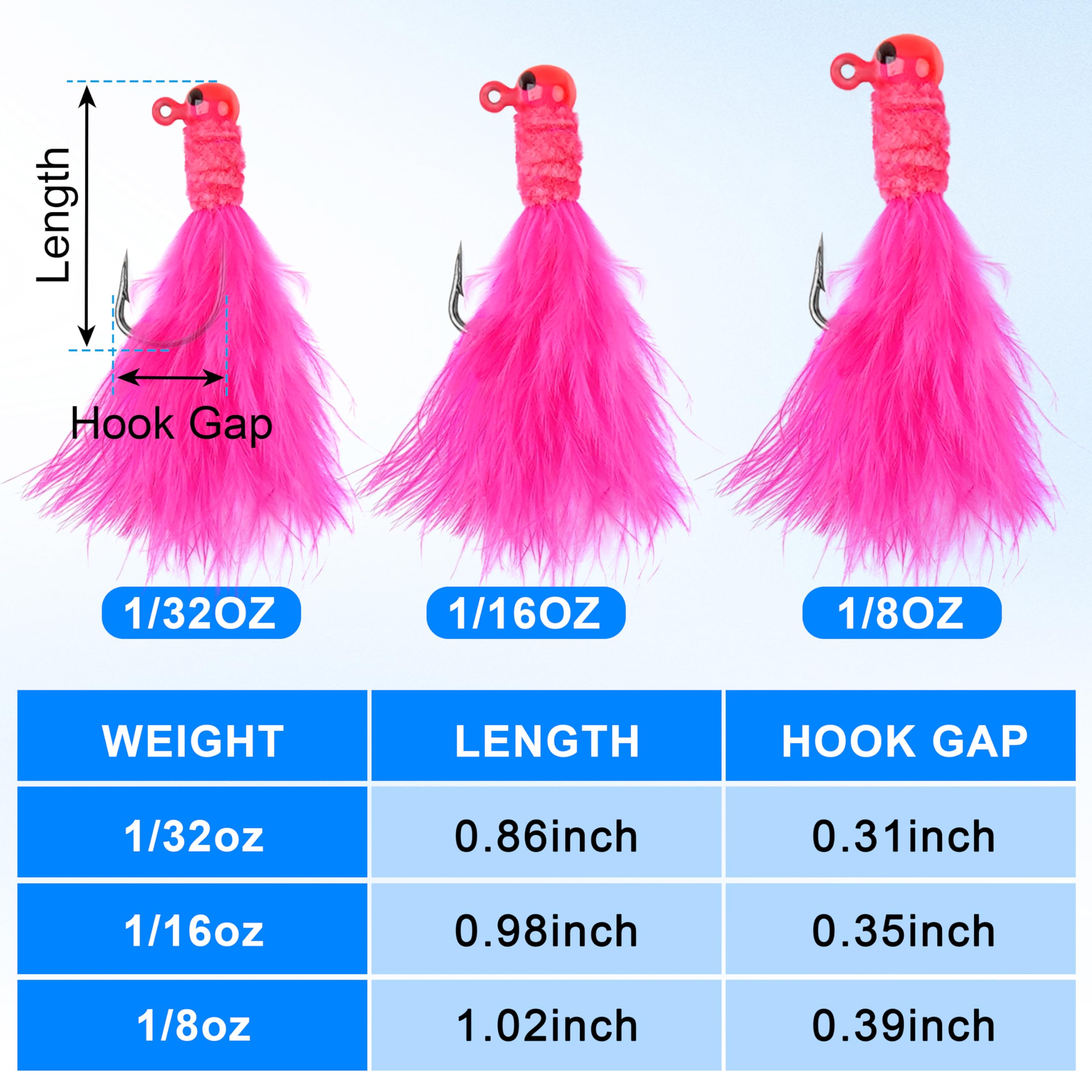 Crappie Jigs Marabou Feather Hair Jigs, 20pcs Marabou Jigs 1/8 1/16 1/32 oz Crappie Jig Heads with Feather Tail Crappie Baits Lures Kit for Panfish Walleye Trout Freshwater Saltwater Fishing