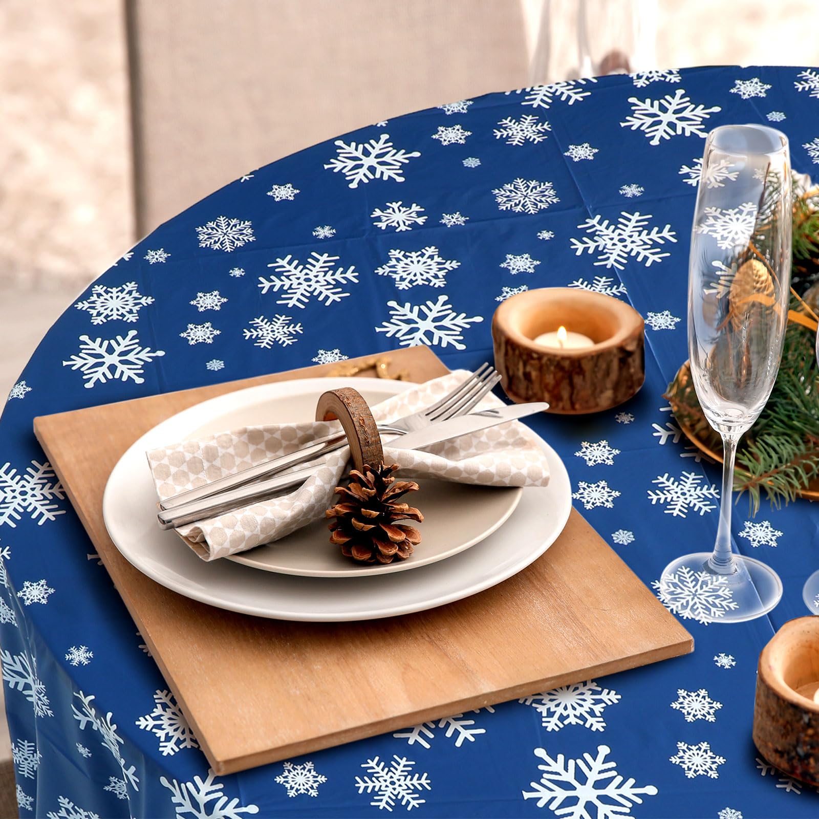 3 Pcs Snowflake Tablecloth - Blue White Snowflake Design, 70x43 Inches, Disposable Plastic For Winter Parties - View #8