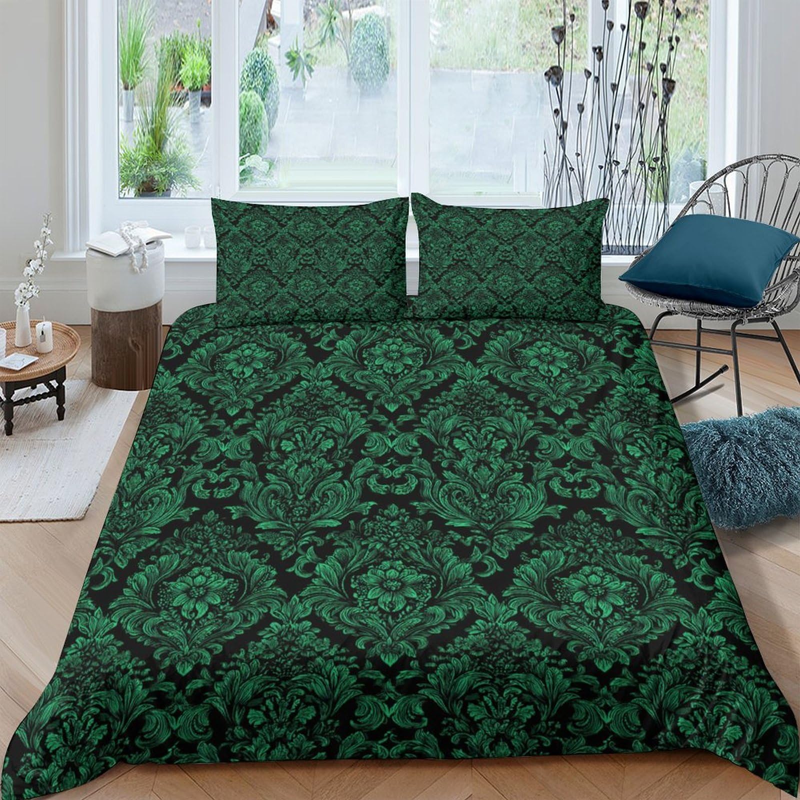 GPLZQXKJNH 3D Printed Baroque Floral Duvet Cover Set Microfiber Hidden Zipper, Green Damask Bedding Set with 2 Pillowcases for Bedroom Decor Single（135x200cm）