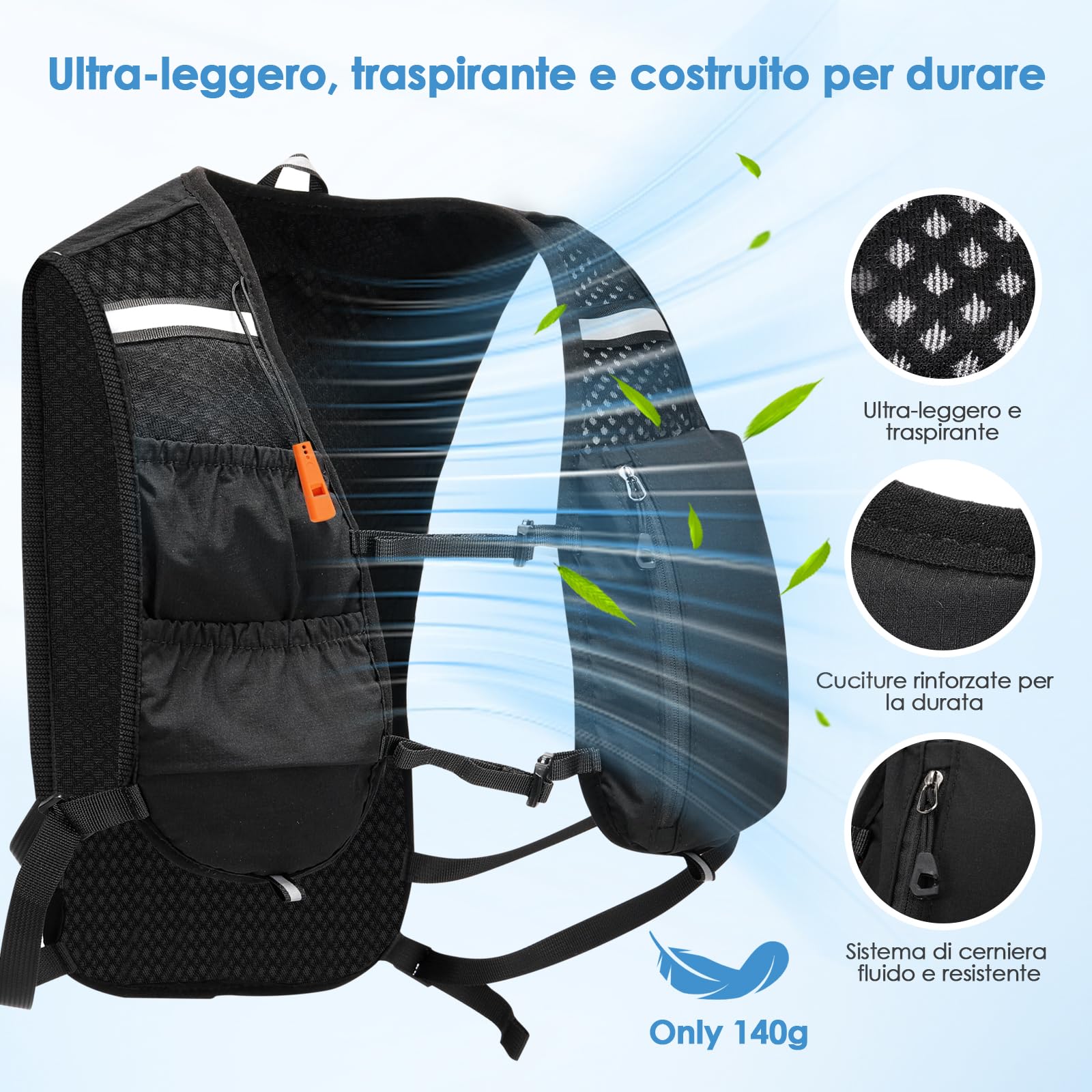 Gilet da Corsa Uomo Donna 140 g con Soft Flask 500 ml, Riflettente | Fischietto di Emergenza, Strisce Riflettenti, Traspirante, Cinghie Regolabili, Tasche Multiple
