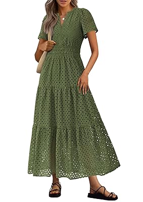 PRETTYGARDEN Womens 2025 Summer Maxi Dress Short Sleeve V Neck Hollow Out Eyelet A Line Long Flowy Beach Vacation Dresses