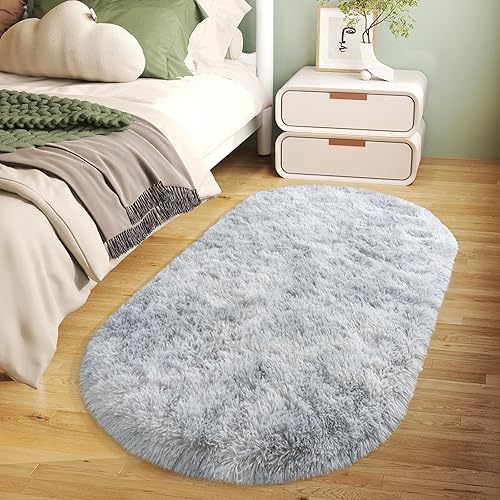 Soft Fluffy Rugs for Bedroom, Tie-dye Grey Fuzzy Shaggy Oval