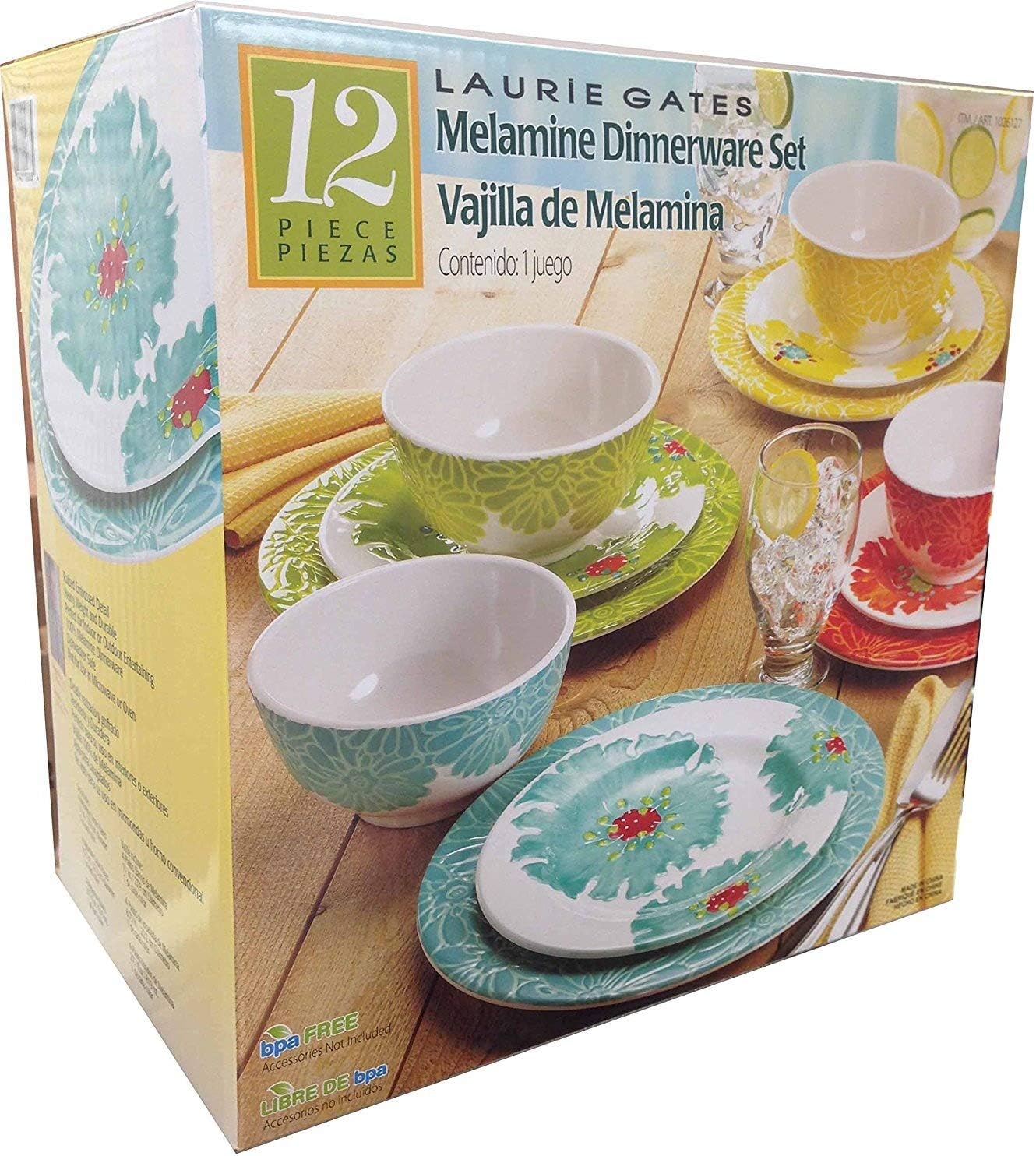 Laurie Gates - 12 Piece Melamine Dinnerware Set (Red, Yellow, Green, Blue)
