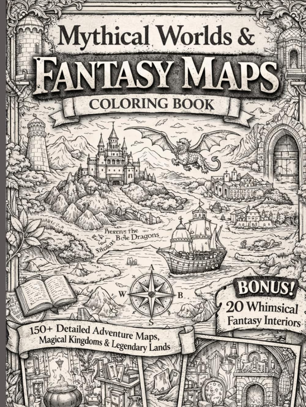 Mythical Worlds & Fantasy Maps Coloring Book for Adults: 150+ Detailed Adventure Maps, Magical Kingdoms & Legendary Lands | Bonus 20 Whimsical Fantasy Interiors