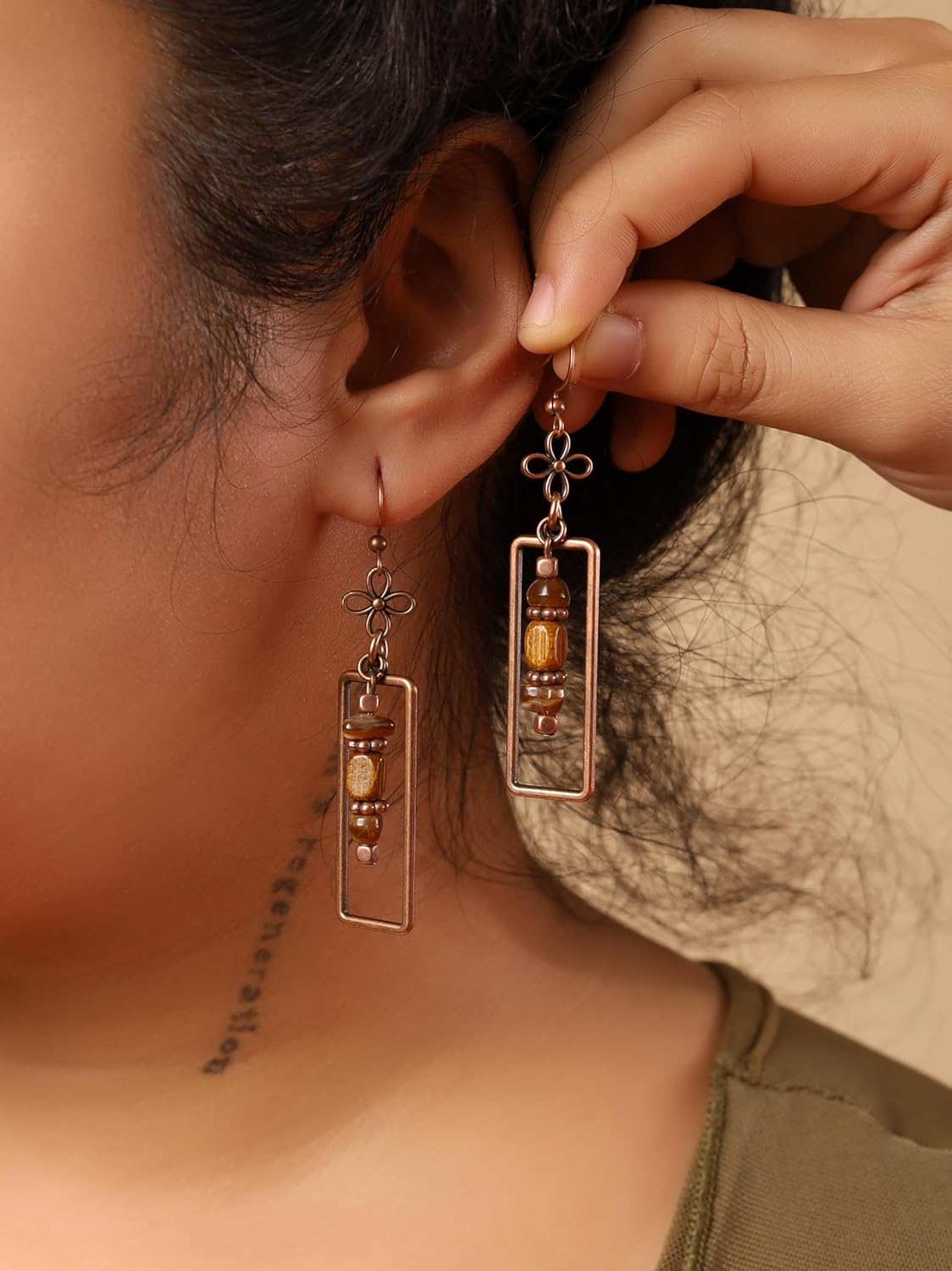 MINACHI Vintage Copper Tone Rectangle Drop Earrings, Boho Stone and Copper Bead Dangles with Flower Accent, Hippie Jewelry For Women - Image 2