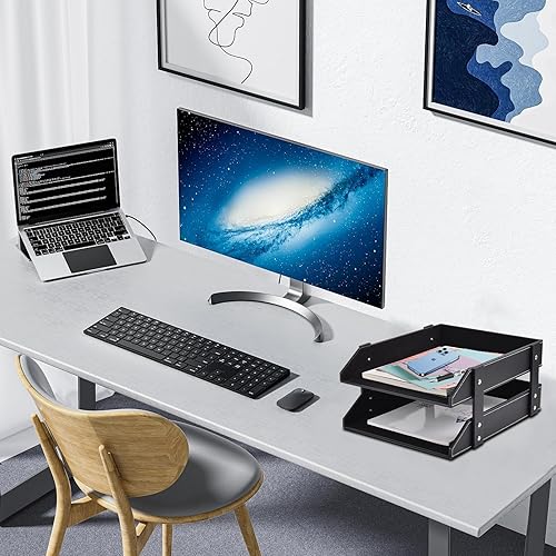 Miniatura 8 de Organizador de escritorio de cuero, soporte apilable de 2 niveles, suministros de oficina, caja de almacenamiento de escritorio para documentos,
