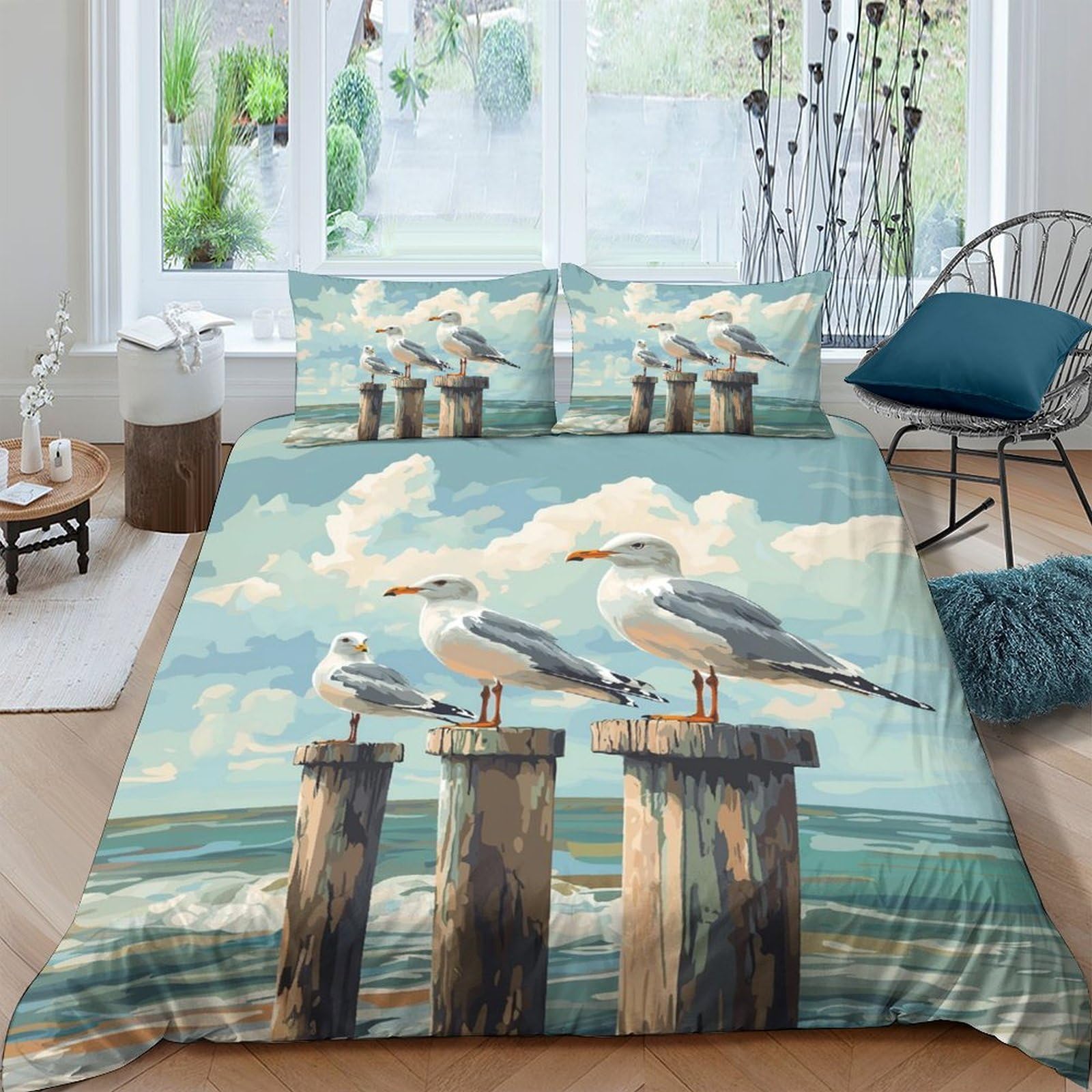 Ctjqhvkz Style-8 3D Printed Seaside Birds Fitted Sheet Microfiber Soft Ocean View Bed Cover For Bedroom Guest Room Mattress Decor Single（135X200cm）