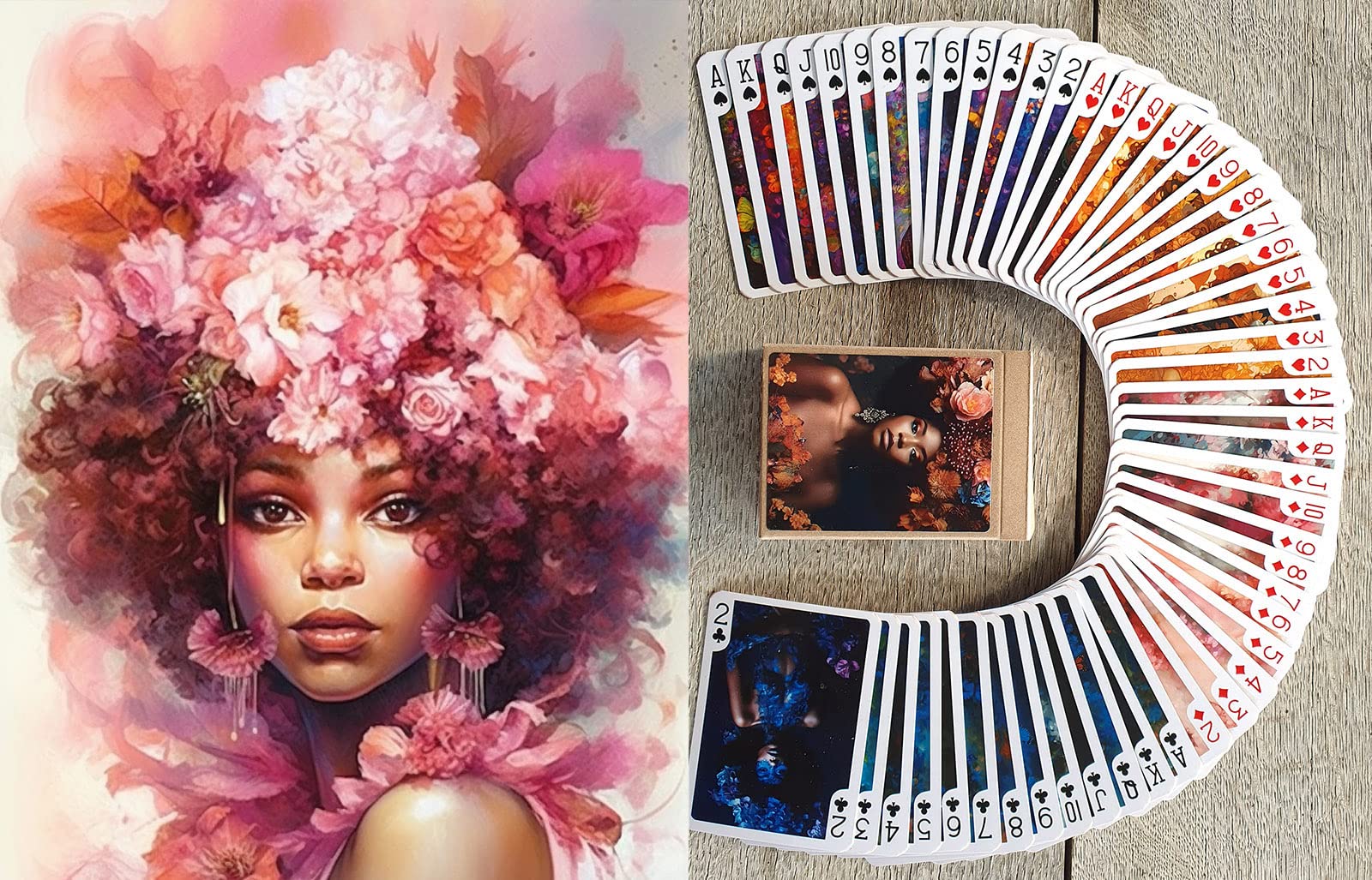 FLONZGIFT Black Lady with Flowers Playing Cards (Poker Deck 54 Cards All Different) Woman of Color Flower Fairy Vintage Art Deco Painting