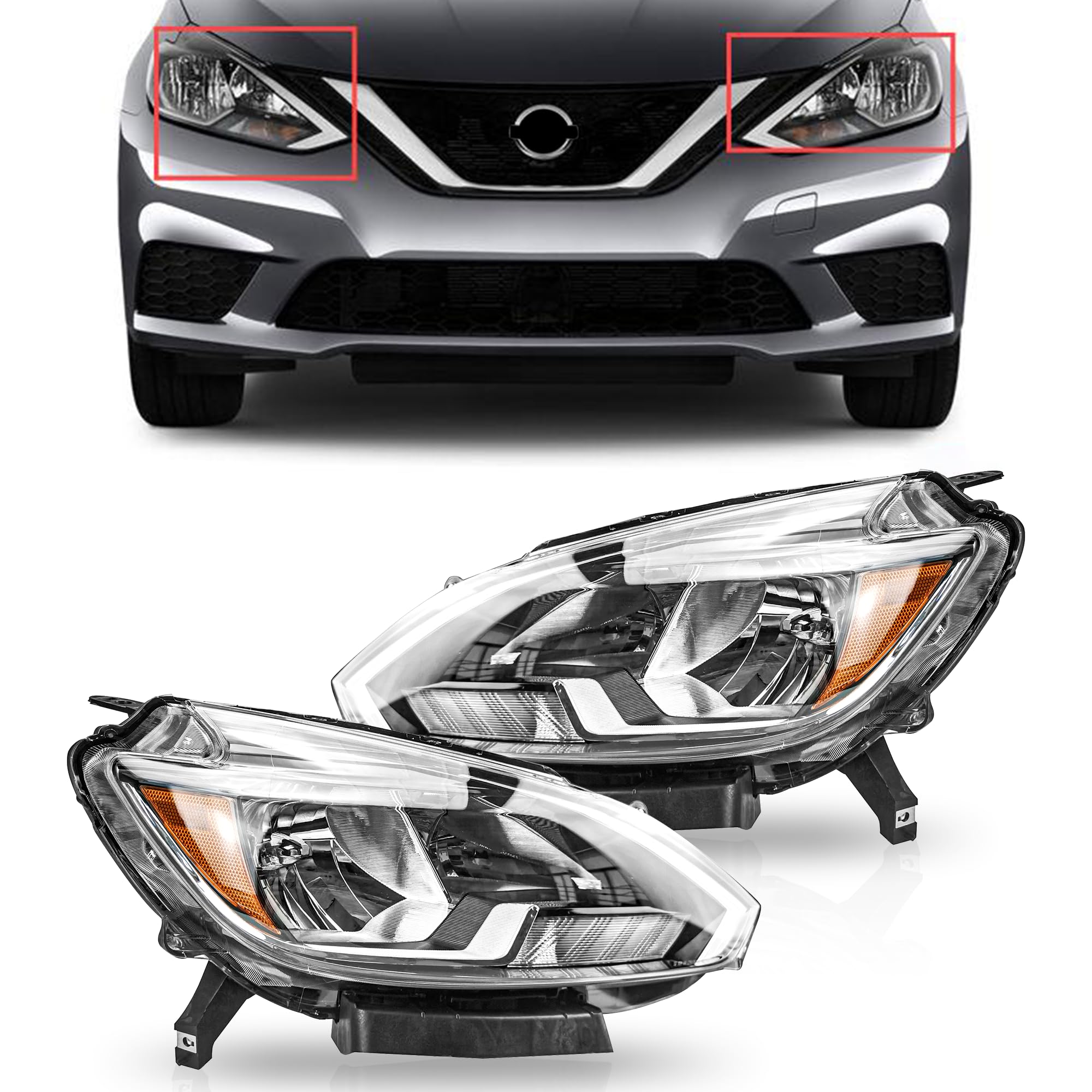 PartsFlow 2PCS Halogen Headlight Assembly Black Housing Clear Lens Headlamp Left And Right Side For 2016 2017 2018 Nissan Sentra NI2502244 NI2503244