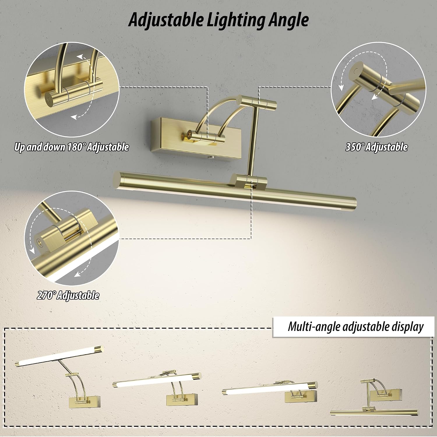 Brass Picture Light for Wall - 16inch Dimmable & Rechargeable Art Light with 25H Light Time, Angle Adjustable, 3 Color Temperatures Timer - Perfect for Paintings and Home Decor