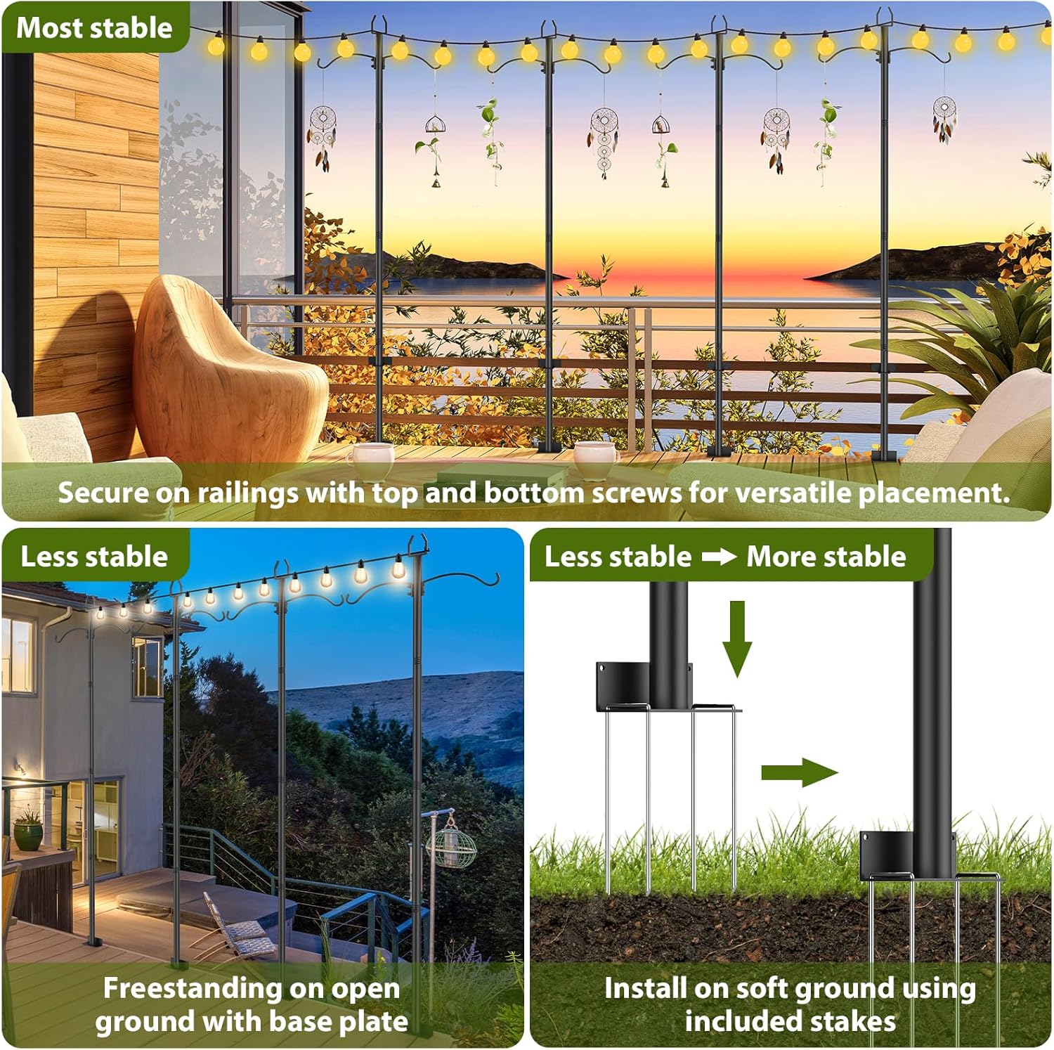 4 Pack String Light Poles for Garden 9FT Light Poles for Outside Outdoor Light Poles for Patio Deck Decor Heavy Duty Metal Poles Backyard Accessories for Decorations Wedding Party Camping, Black