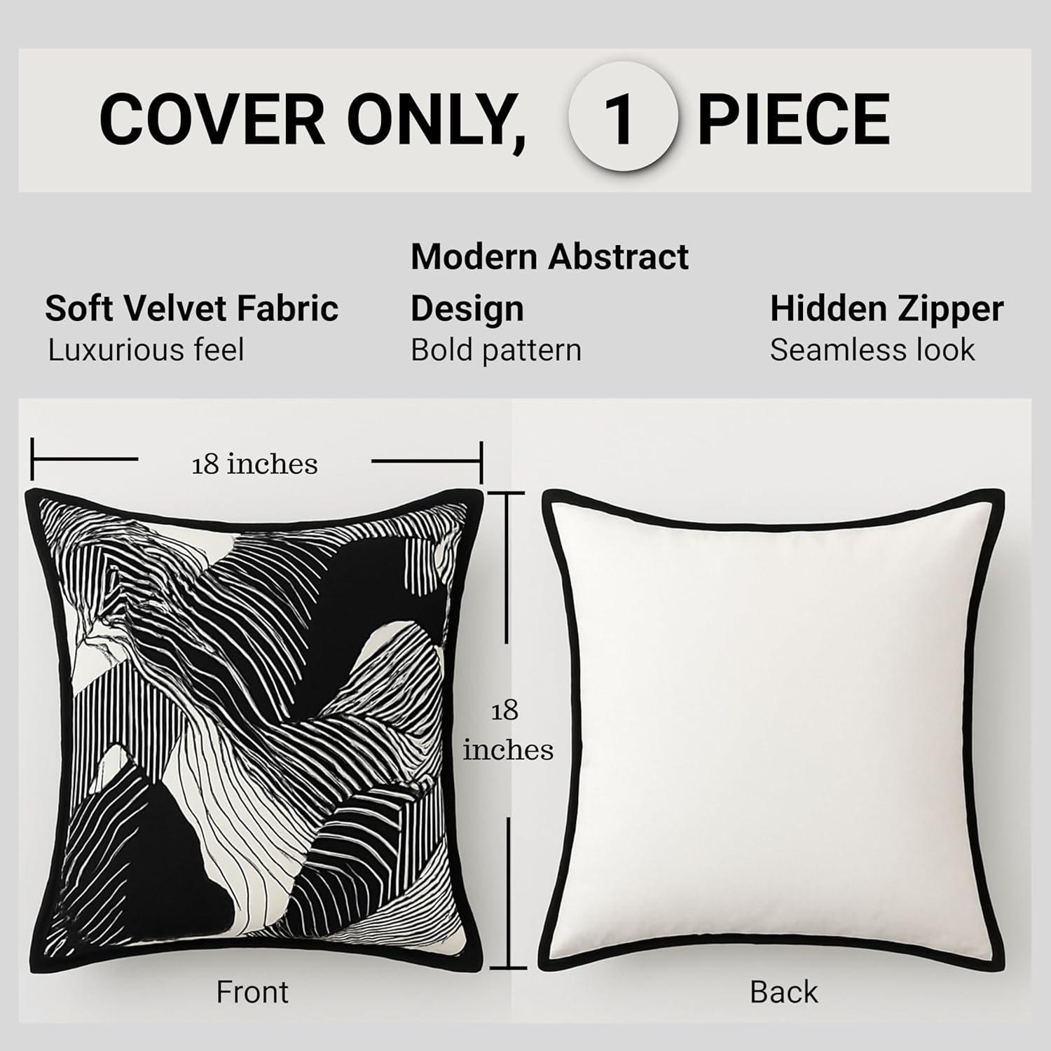 Luxury Black and White Velvet Throw Pillow Cover – 18x18 Inch, Soft Abstract Decorative Cushion Cover for Sofa, Bed, or Living Room