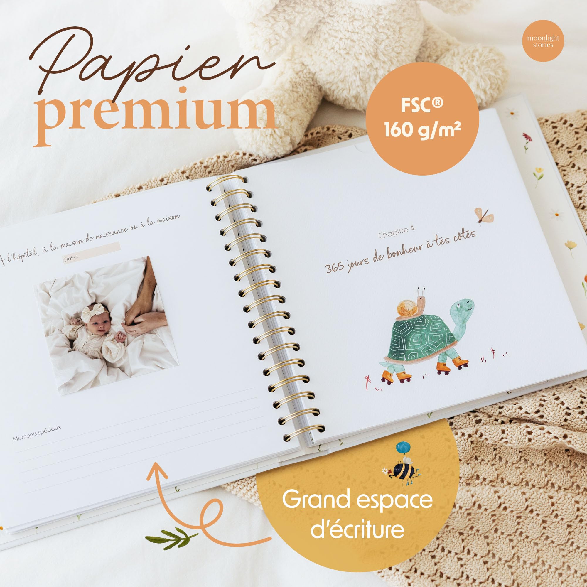 Livre de naissance bébé 0-5 ans avec 13 cartes étapes – Coffret naissance prêt à offrir, album souvenirs 120 pages, 6 pochettes souvenirs, cadeau naissance fille garçon