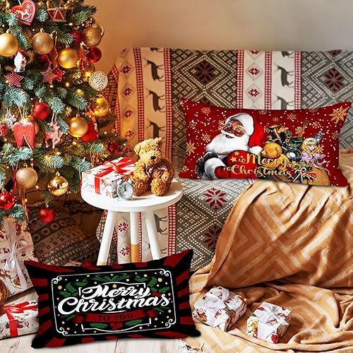 Miniatura 9 de Lanpn Juego de 4 fundas de almohada navideñas de Papá Noel negro de 18 x 18 pulgadas, funda de cojín decorativa de Navidad negra afroamericana de 18