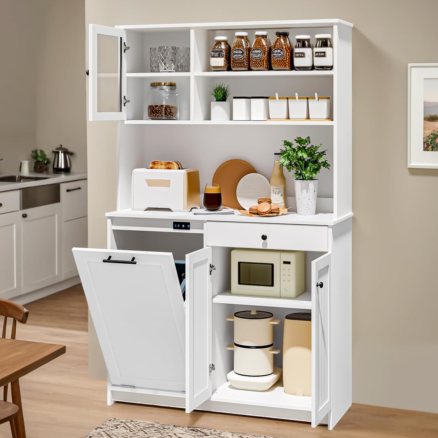 Tilt-Out Trash Cabinet with Deodorising, Freestanding Kitchen Pantry Fits 10-Gallon Trash Can, White