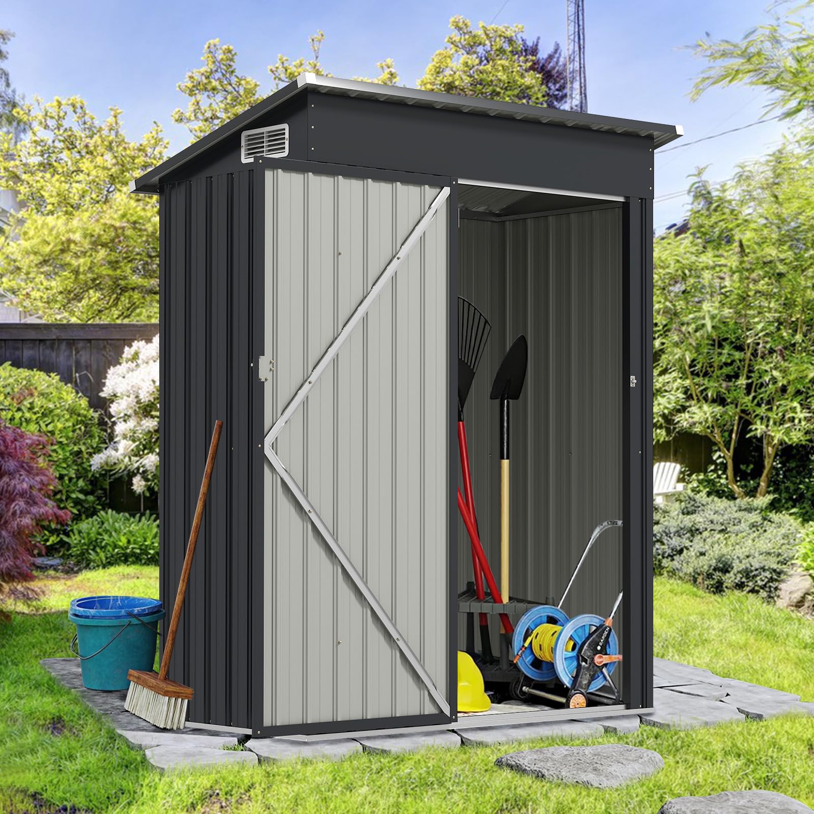 COSTWAY Gartenhaus Metall, Gerätehaus mit Pultdach & Tür (Dunkelgrau) | Geräteschuppen abschließbar, Gartenhütte Gartenschuppen, Garten Schuppen Outdoor, 150 x 90,5 x 185 cm | 1,5 m³