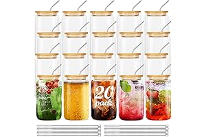 20-Piece Glass Drinking Jars with Bamboo Lids and Straws