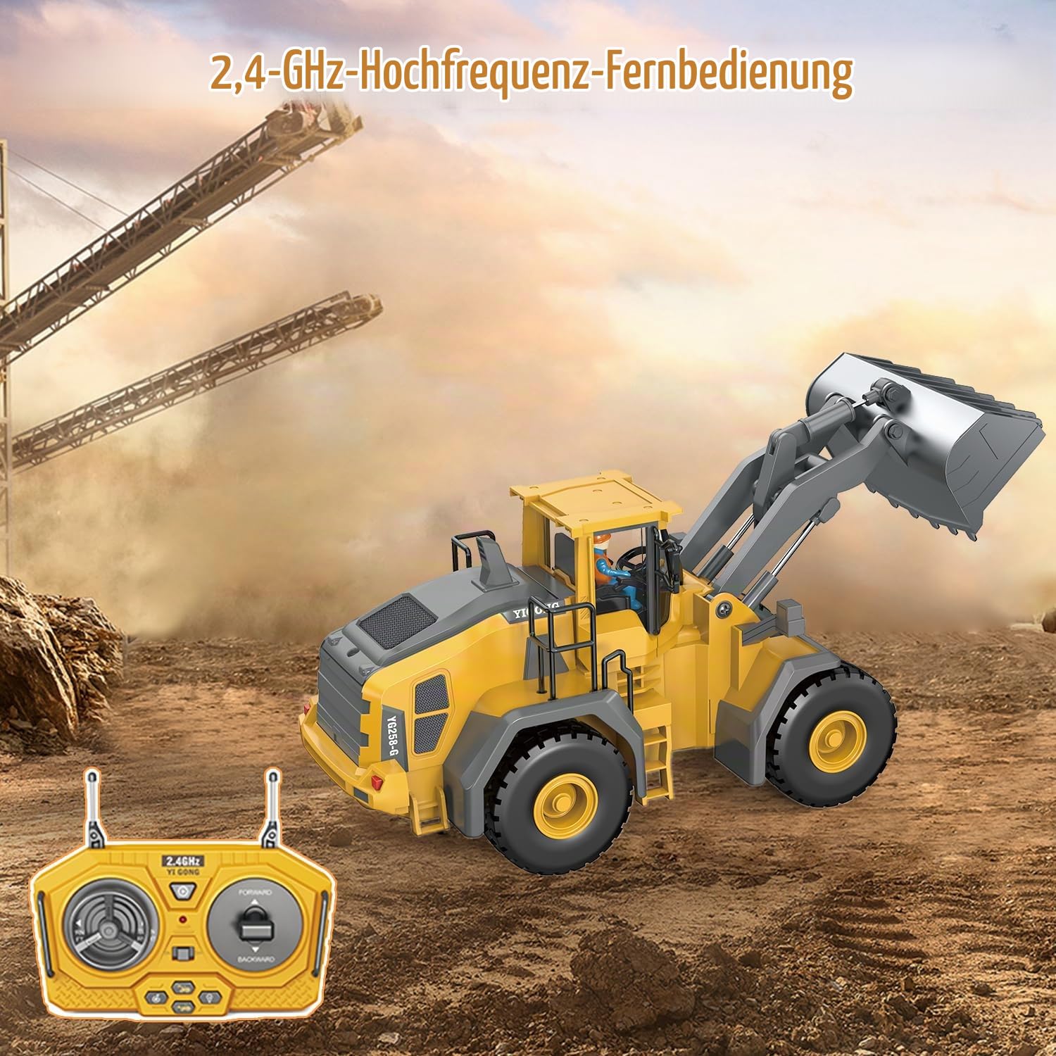 Ferngesteuerter Frontlader, 9-Kanal RC Baustellenfahrzeug (Lader) Spielzeug mit Licht und Sound, 2,4 GHz Ferngesteuerter Bulldozer für Jungen im Alter von 6, 7, 8, 9 und 10 Jahren