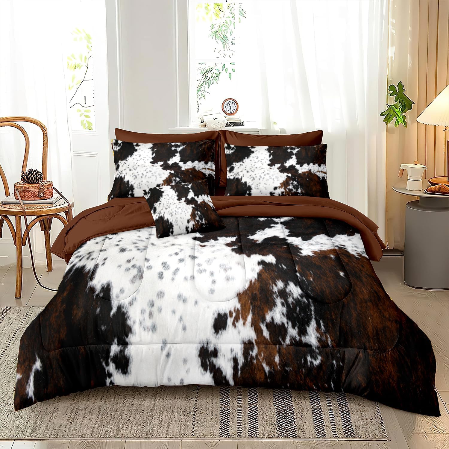 MUGINYU Brown Cowhide Comforter Set Queen, 8 Pieces Bed in a Bag Black White Cow Skin Print Western Farmhouse Animal Fur Bedding Set - Image 2