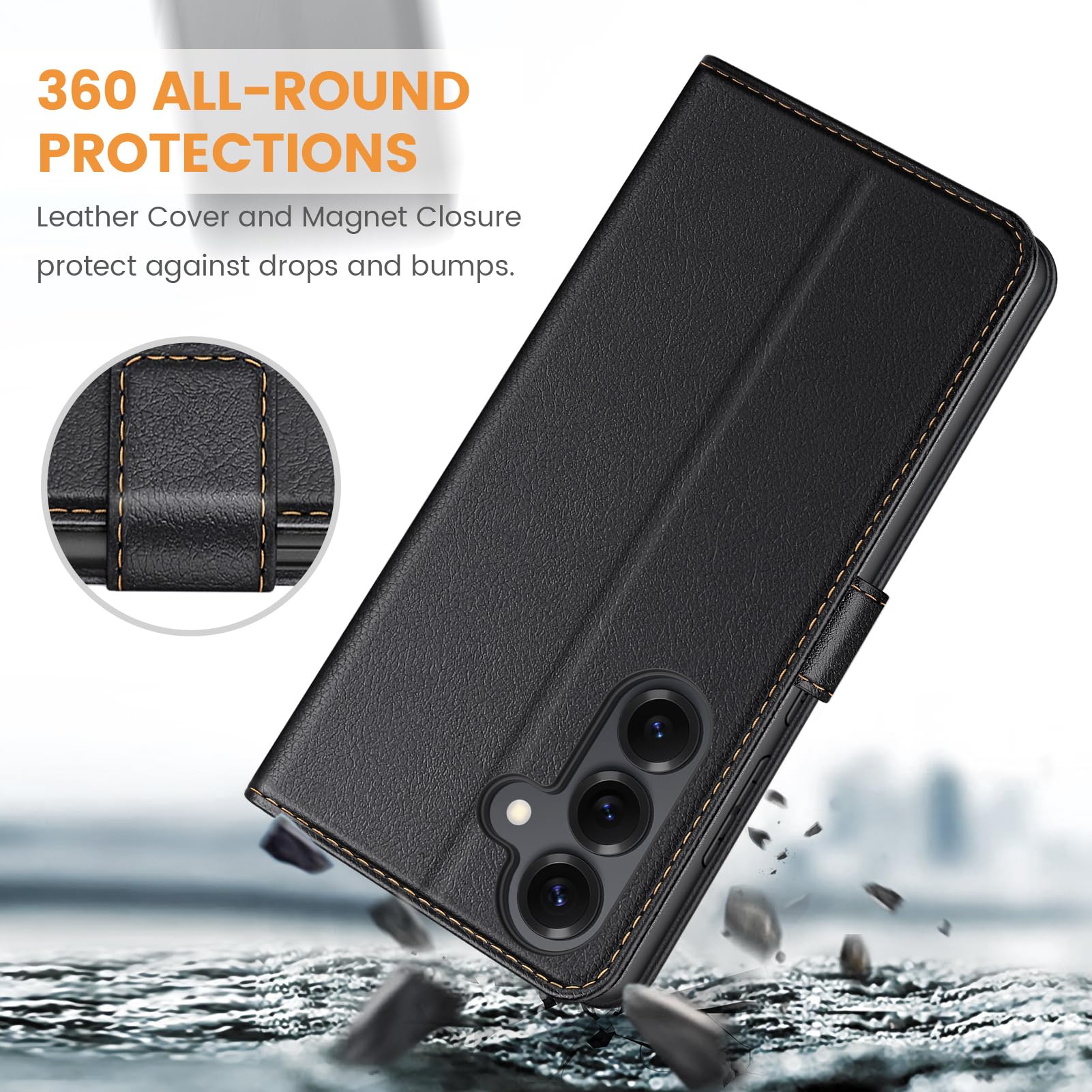 Ganbary Etui kompatybilne z Samsung Galaxy S25 FE, wysokiej jakości etui z klapką ze skóry PU do Samsung Galaxy S25 FE [pełna ochrona] [przegródki na karty] [podpórka], czarne