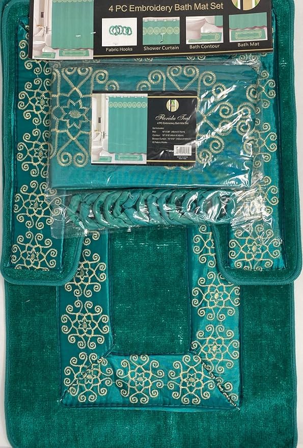 Amazon Com 4 Piece Bathroom Rugs Set Non Slip Teal Gold Bath Rug Toilet Contour Mat With Fabric Shower Curtain And Matching Rings Florida Teal Kitchen Dining