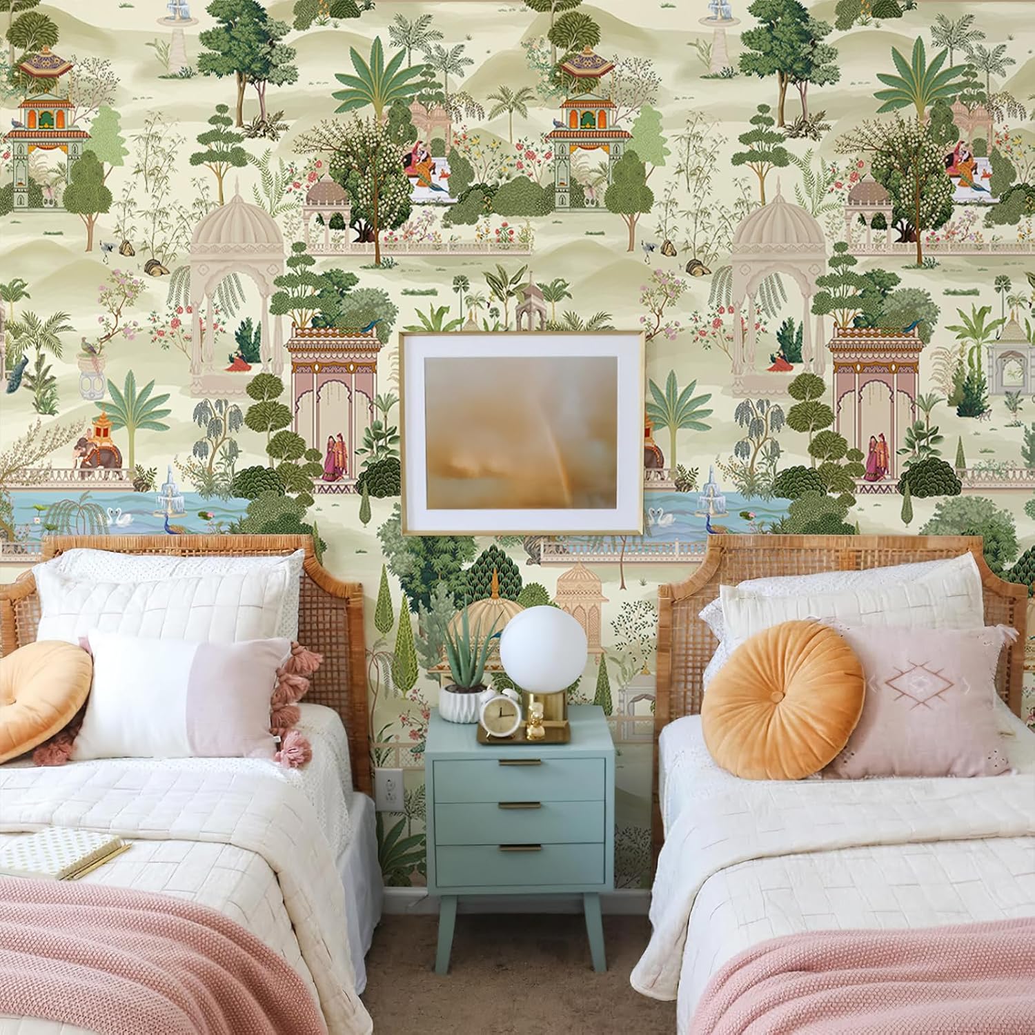 Zeeko Exotic Tropical Green Wall Murals Peel and Stick 148" W x 98" H Botanical Indian Garden Canvas Waterproof Self-Adhesive Removable Wallpaper for Nursery Bedroom Large Art Wall Decor