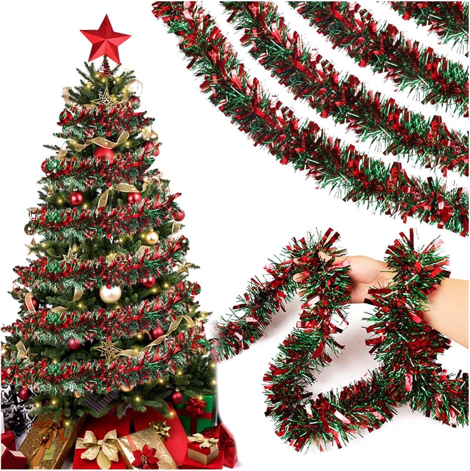 WHZHDMA 1-5Pcs Christmas Tinsel Garland Xmas Tree Hanging Ornaments Red Green Strip Ribbon New Year Party Home Indoor Outdoor Decoration