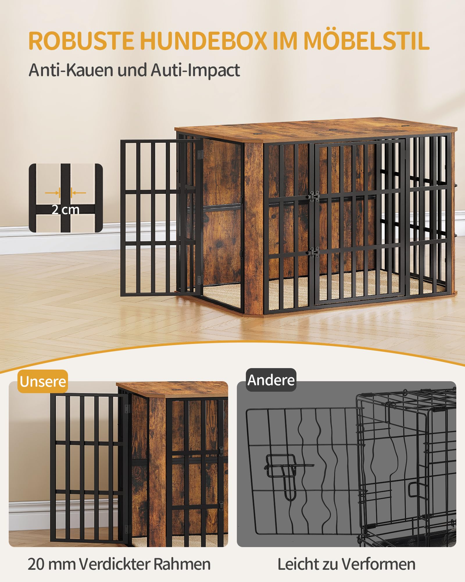 Hzuaneri Hundekäfig Möbel, Hochbelastbar Hundebox aus Holz für den Innenbereich mit Futtertür Oben, Mehrtür-Design, Großer Hundekäfig-Beistelltisch, 120 x 75 x 81 cm, Vintage Braun DFC86801B