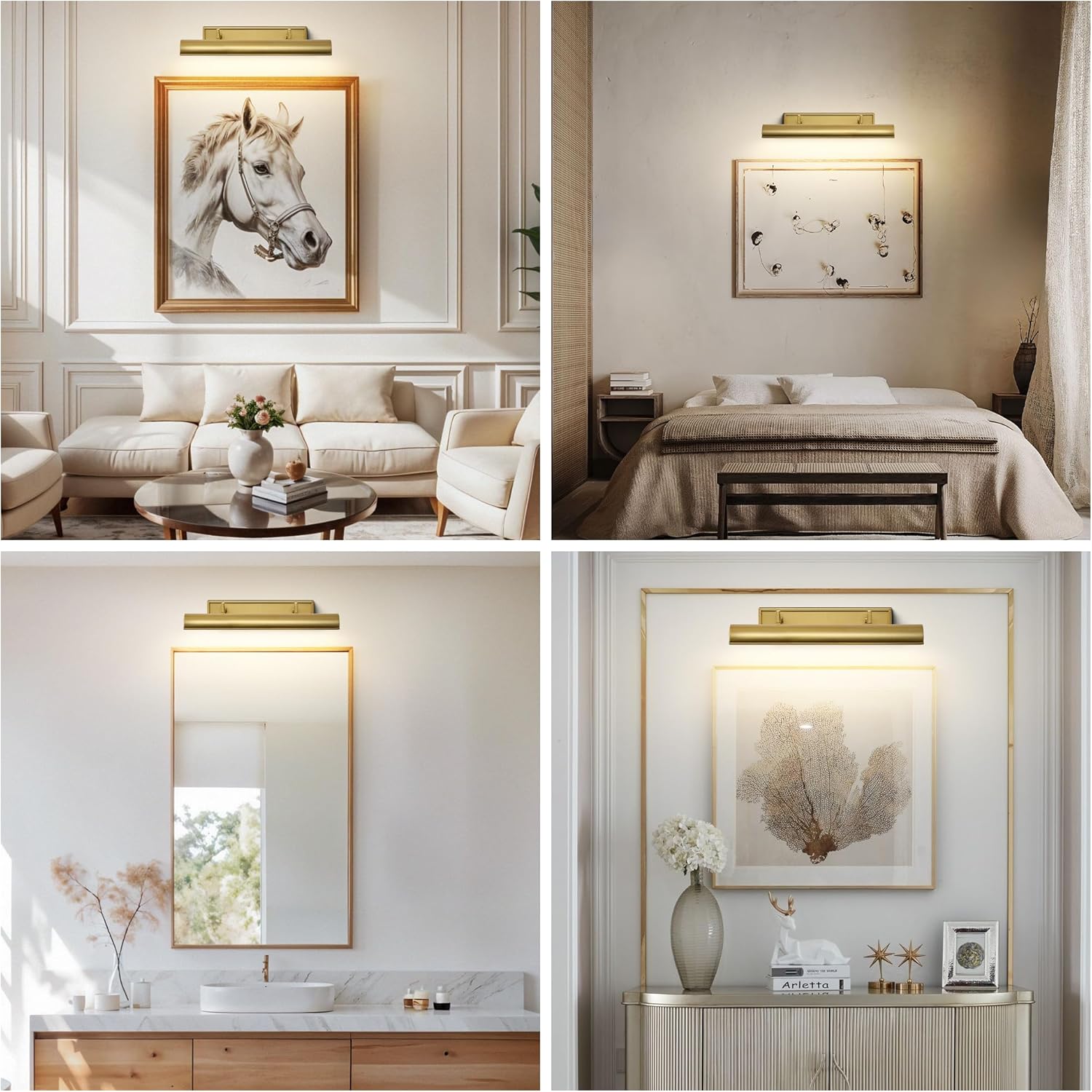 24" Hardwired Picture Light for Paintings and Mirrors, 270° Rotatable Wall Sconce Vanity Light Fixture with 4 E26 Bulb, Brass Picture & Mirror Light for Artwork, Bathroom, Gallery, Bedroom