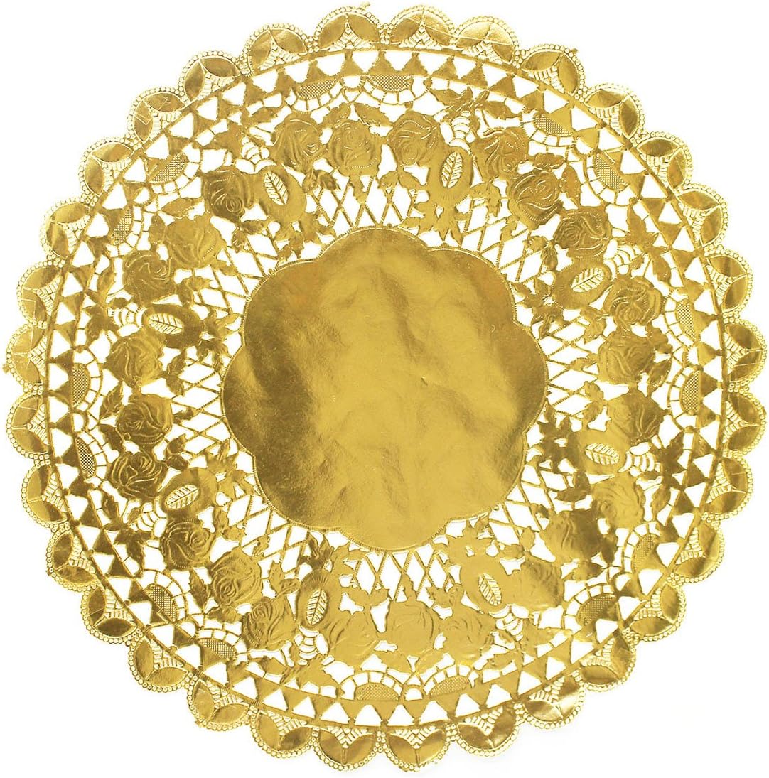 LONMUTED Paper Doilies Round Gold Foil Metallic Royal Lace Foil Paper Doily 12 Inch Diameter (48PCS)