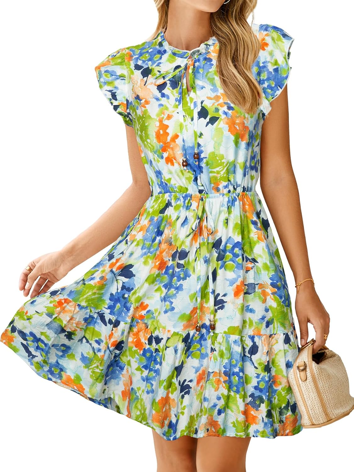 Simplee Womens Summer Dress 2026 Ruffle Short Sleeve Floral Boho Dress V Neck A-line Drawstring Mini Dress with Pockets