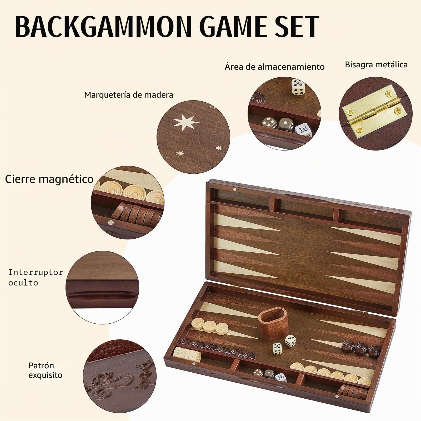 Set de Backgammon para adultos Gran tablero de 40 cm de madera Compacto plegable y perfecto para viajes Incluye dados Juego de mesa clásico para el hogar