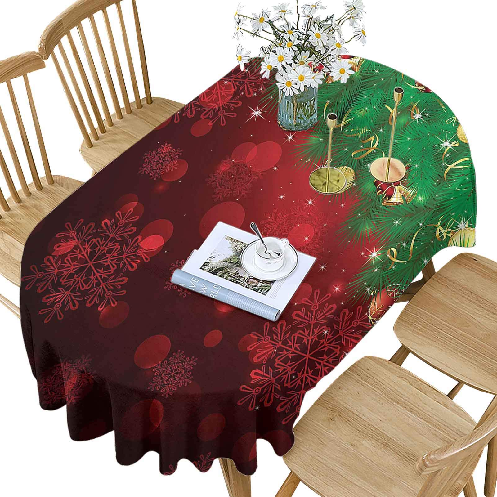 Hiiiman Christmas Polyester Oval Tablecloth,Jingle Bells Trees Pattern Printed Washable Indoor Outdoor Table Cloth,60x120 Inch Oval,for Kitchen Dinning Tabletop Decoration