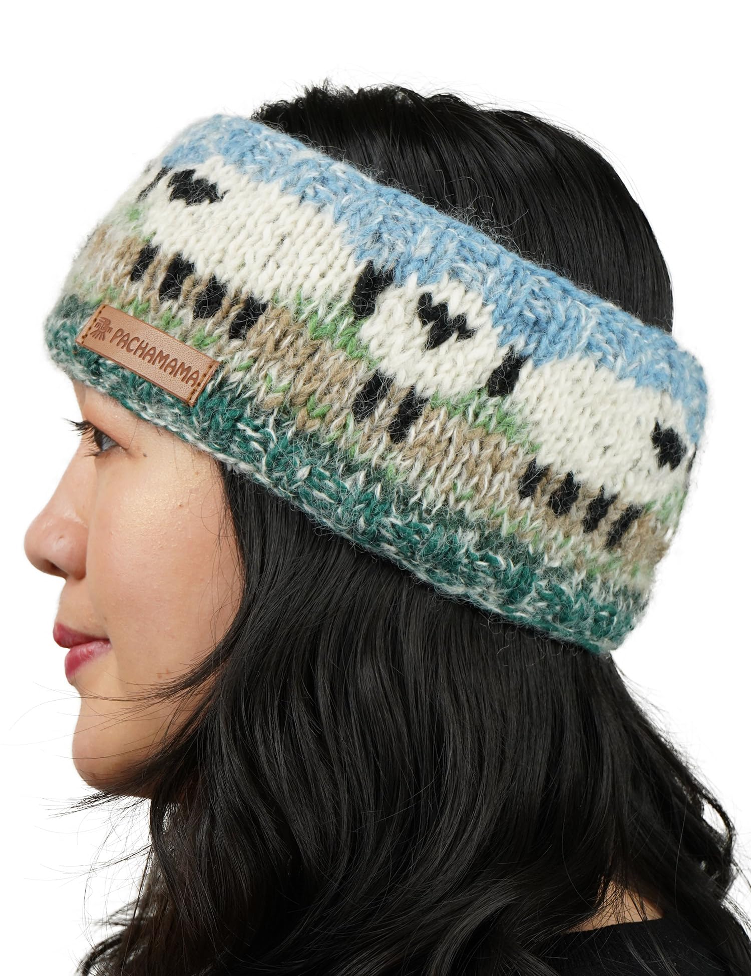 Pachamama Women Wool/Mohair Ear Warmer Headband Sherpa Fleece Lined Handknitted Sheep Design Multicoloured One-Size Handmade Fair Trade - Image 3