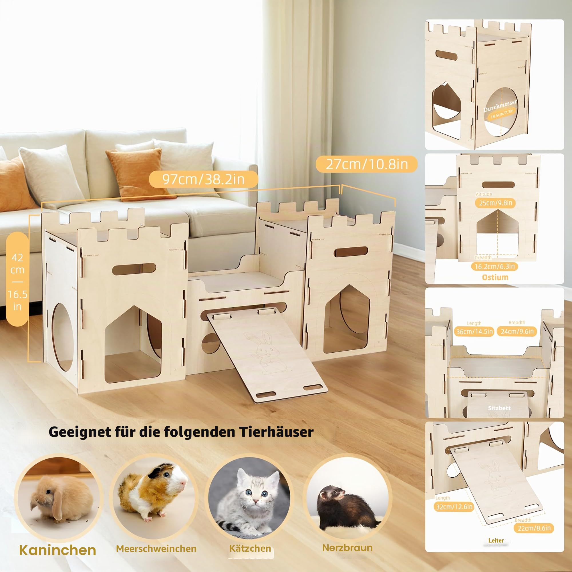 HIIMALEX Bunny Castle Haus – Stabiler Mehrstöckiger Kletterturm mit Tunnelversteck für Kaninchen, Frettchen, Meerschweinchen, Hamster, Belüftetes Anreicherungsspielzeug für Innenbereich, Mit Rampe