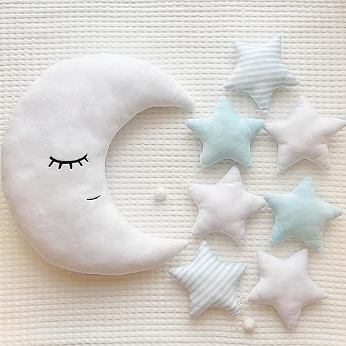 Miniatura 10 de Perfectto Design Almohada decorativa de luna para niños, guirnalda de estrellas para habitación de niñas pequeñas, luna esponjosa, decoración de