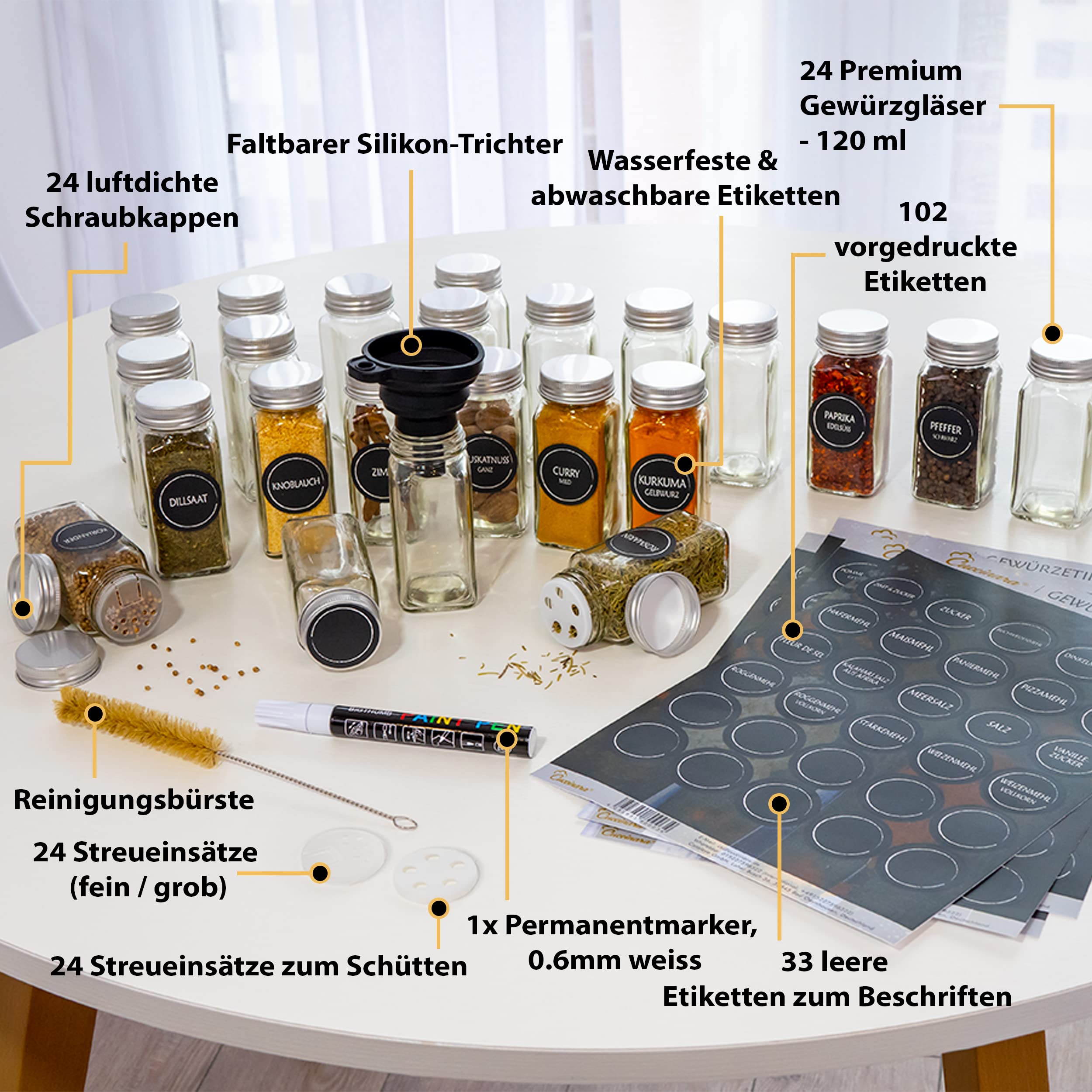 Set di barattoli per spezie [rettangolari – 24 pezzi I 120 ml – 10.5 cm x 4.3 cm] con etichette per spezie, inserto per spargimento e pennarello bianco per scrivere le etichette
