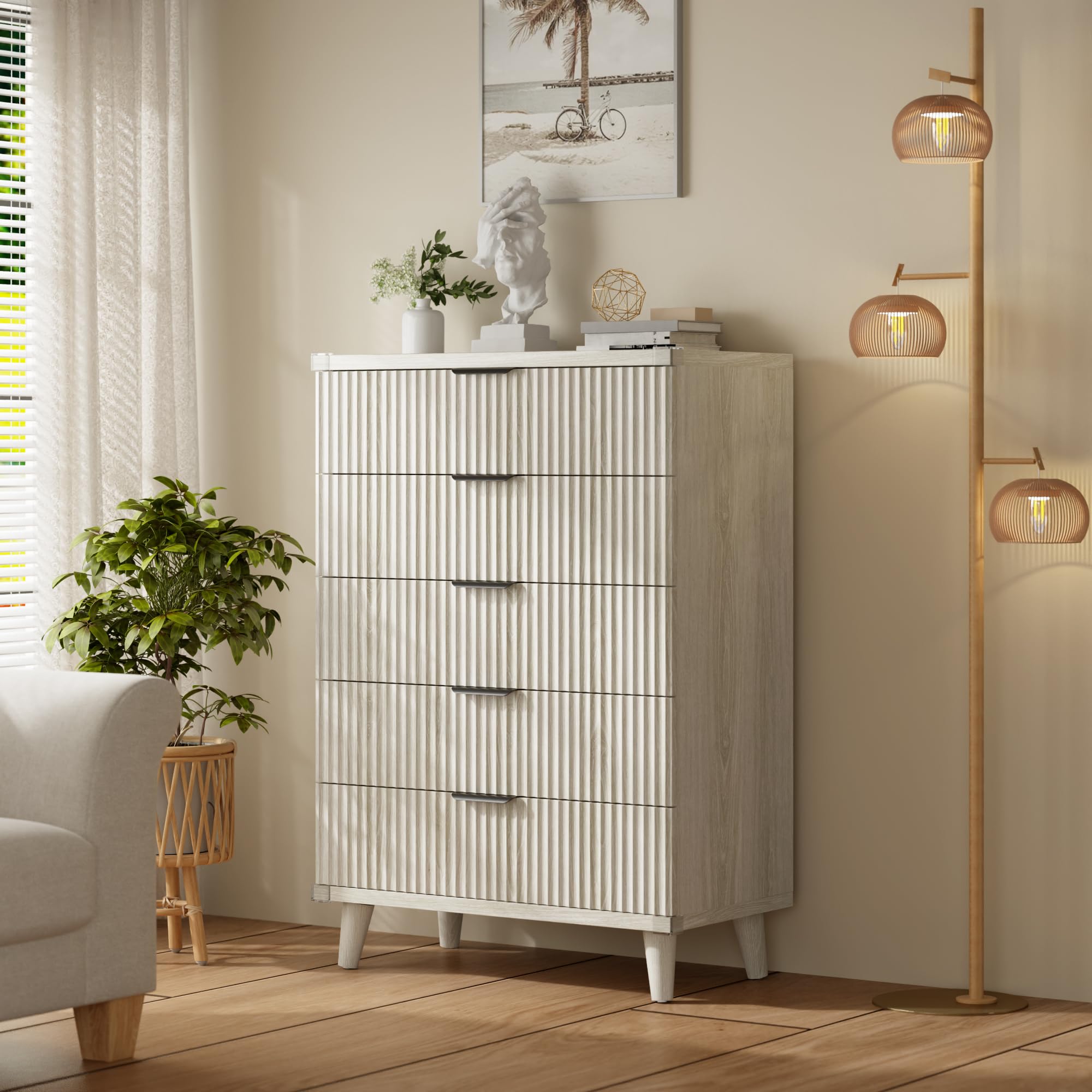 Lulive Dresser for Bedroom Wood Tall Dressers Drawers, Fluted Modern Dresser 5 Drawers (White Oak)