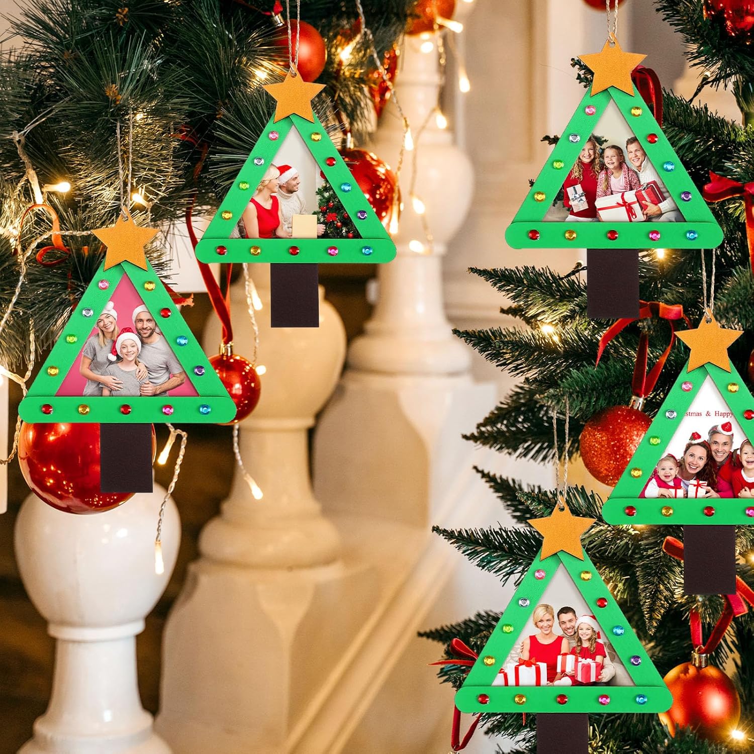Jetec 48 Sets Christmas DIY Picture Frames Craft Kit for Kids Christmas Tree Photo Frames Ornaments Hanging Wooden Stick Photo Frame Ornament for Xmas Winter Holiday Art Gift Classroom School Home