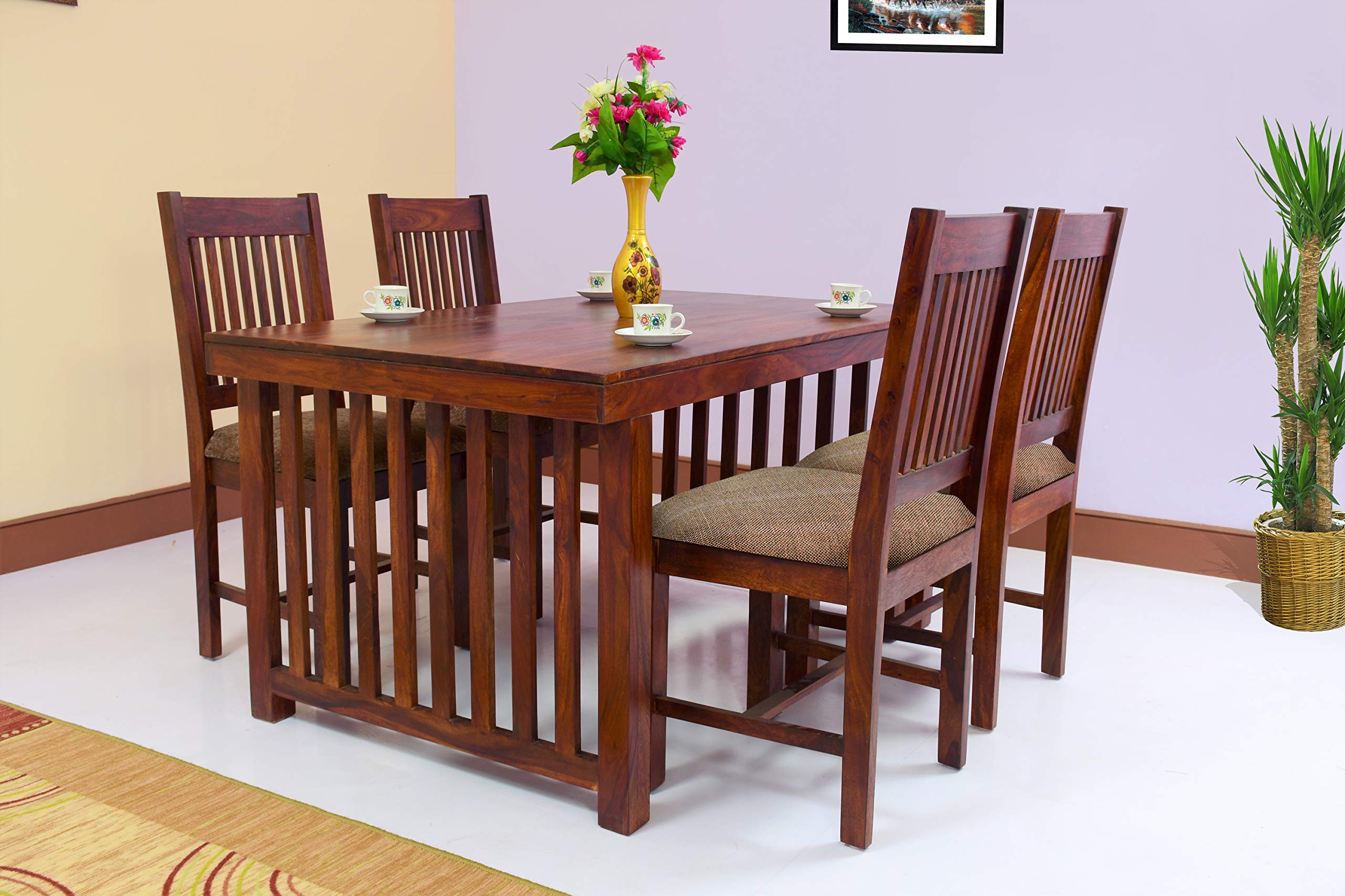 Furniseworld Sheesham Wood 4 Seater Dining Table with Cushioned Chairs Dining Room Furniture Set Wooden Dinner Table for Living Room Hall Home Restaurant (Matching Finish)