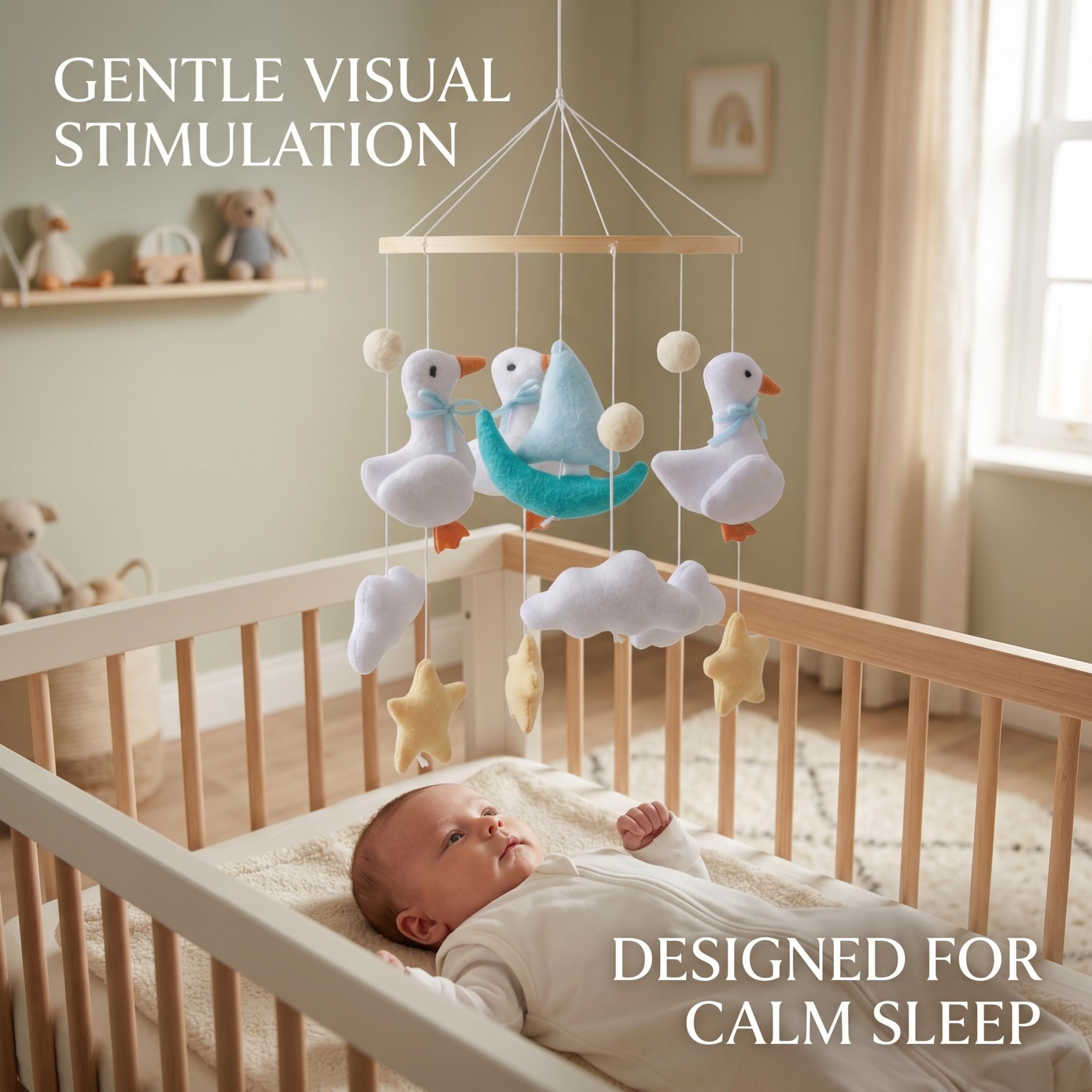 Babybett-Mobile, Babybett-Mobile, Hängespielzeug mit Entenmotiv, Filzwolken und Glöckchen, für Neugeborene, Jungen und Mädchen