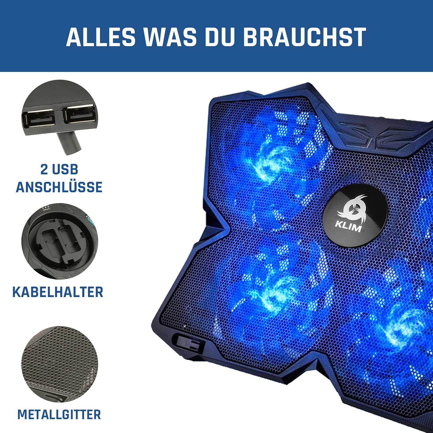 KLIM Wind Laptop Kühler 4 Lüfter PC Notebook PS4 Belüfteter Laptop Ständer Blau