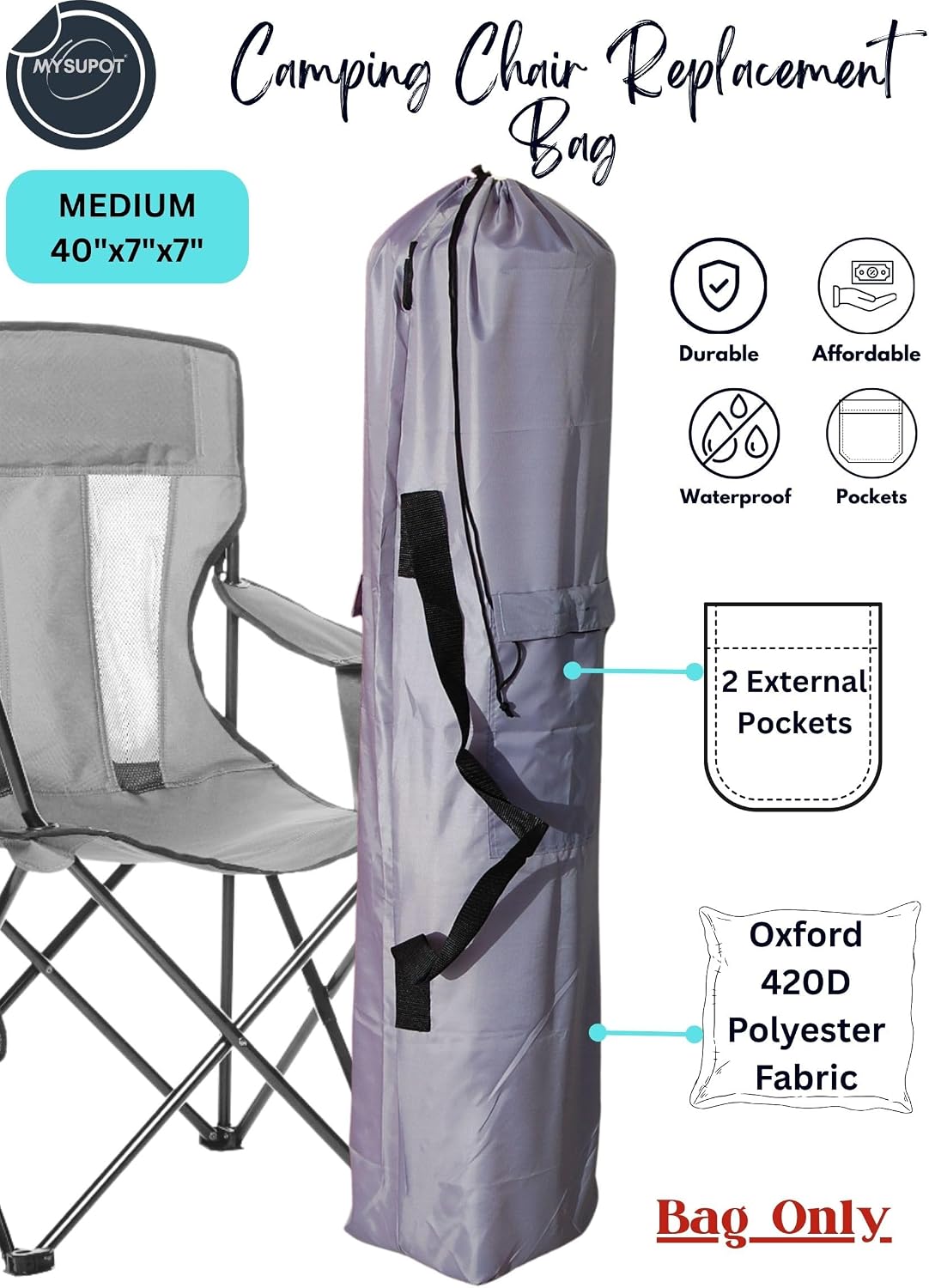40"x7"x7" (Gray, M) Replacement Bag for Folding Camping Chair, Camp Chairs, Hammock, Yoga Mat, Beach Chair, Umbrella, Tent Bag 420D Oxford Polyester Fabric w/Side Pockets image 2