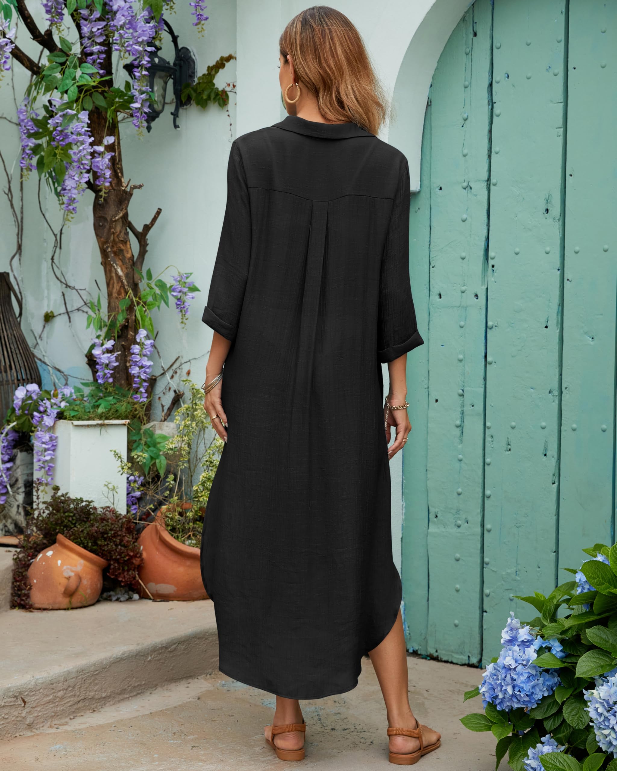 Bsubseach Traje de baño para mujer, cuello en V, largo, vestido de playa con bolsillos