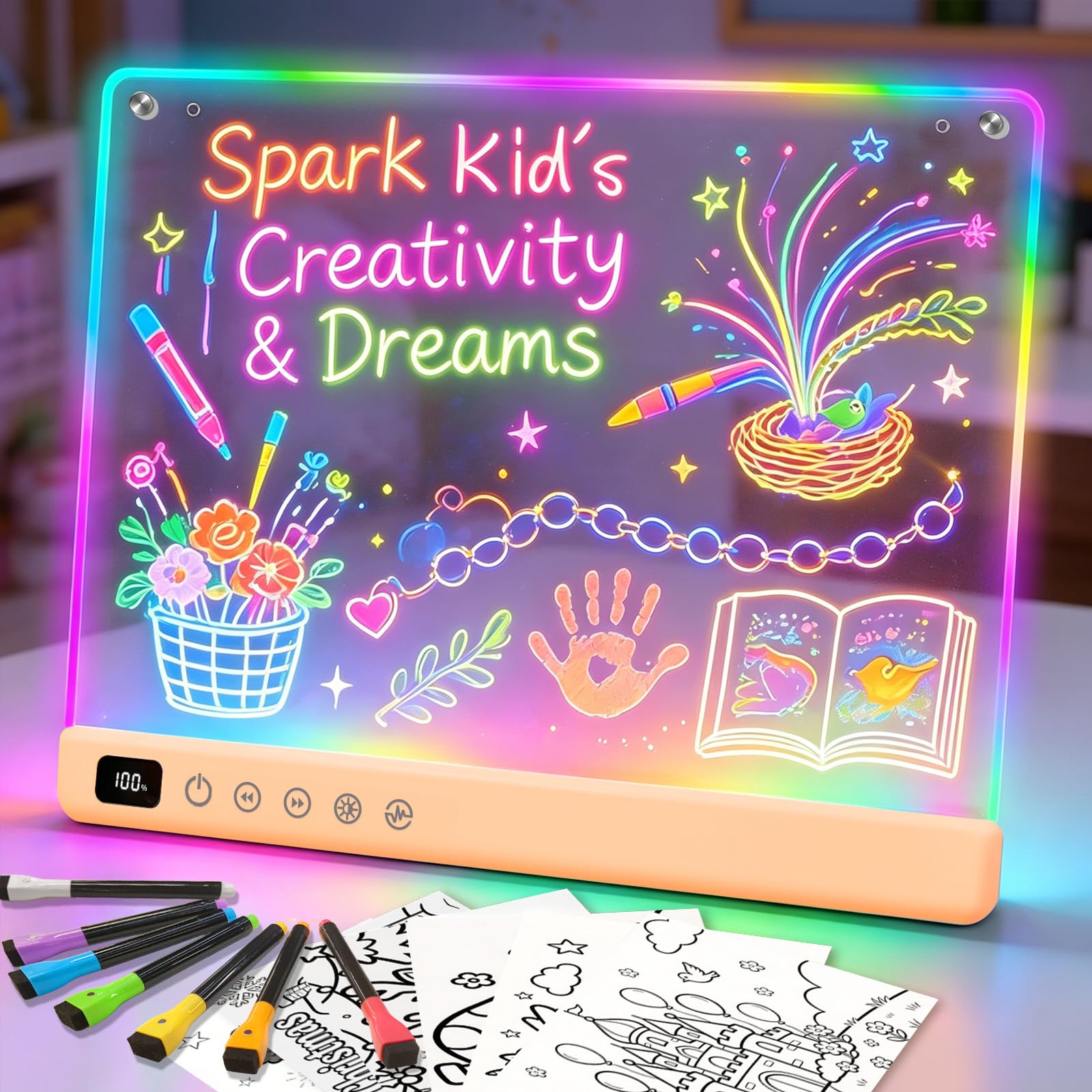 Lumiboard Led Drawing Board with 13 Light Effects, 16" Rechargeable Glow Doodle LED Note Board with Colors, Neon Light Up Drawing Tablet Gifts for Kids for Easter Birthday Christmas Gift Ideas-Orange
