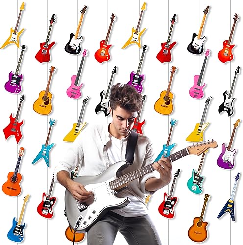 Miniatura 6 de Pancartas colgantes de guitarra, decoraciones de fiesta de cumpleaños, notas musicales, guirnalda de papel de roca para instrumentos musicales,