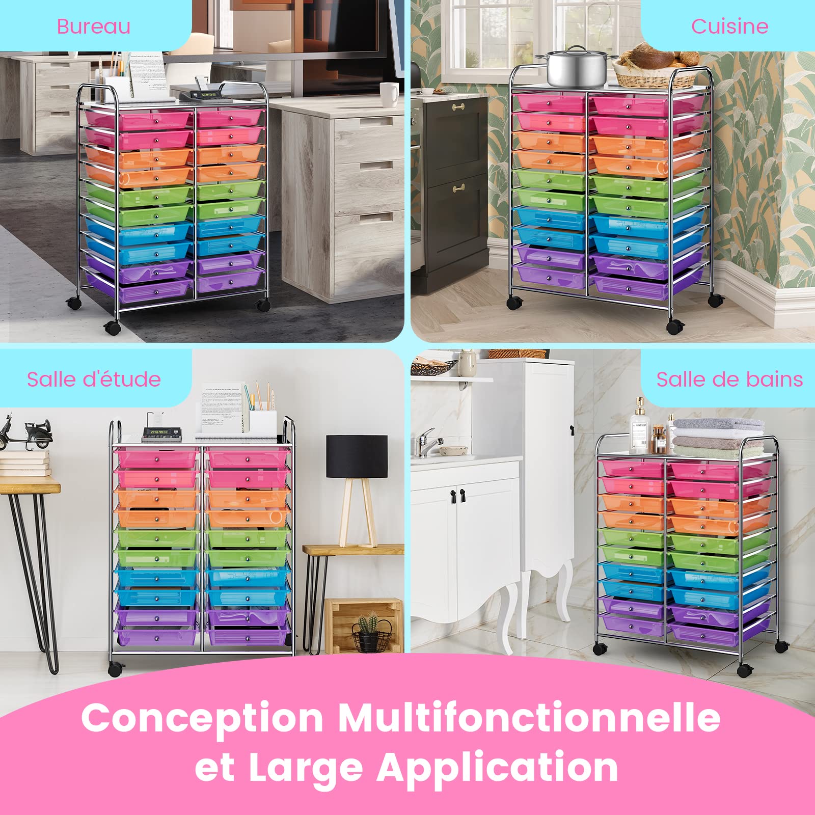 GOPLUS Chariot de Rangement 20 Tiroirs, Tour de Rangement à roulettes, Cadre en Acier, pour Chambre, Bureau, 64 x 38 x 87 CM, Multicolore Tranparent