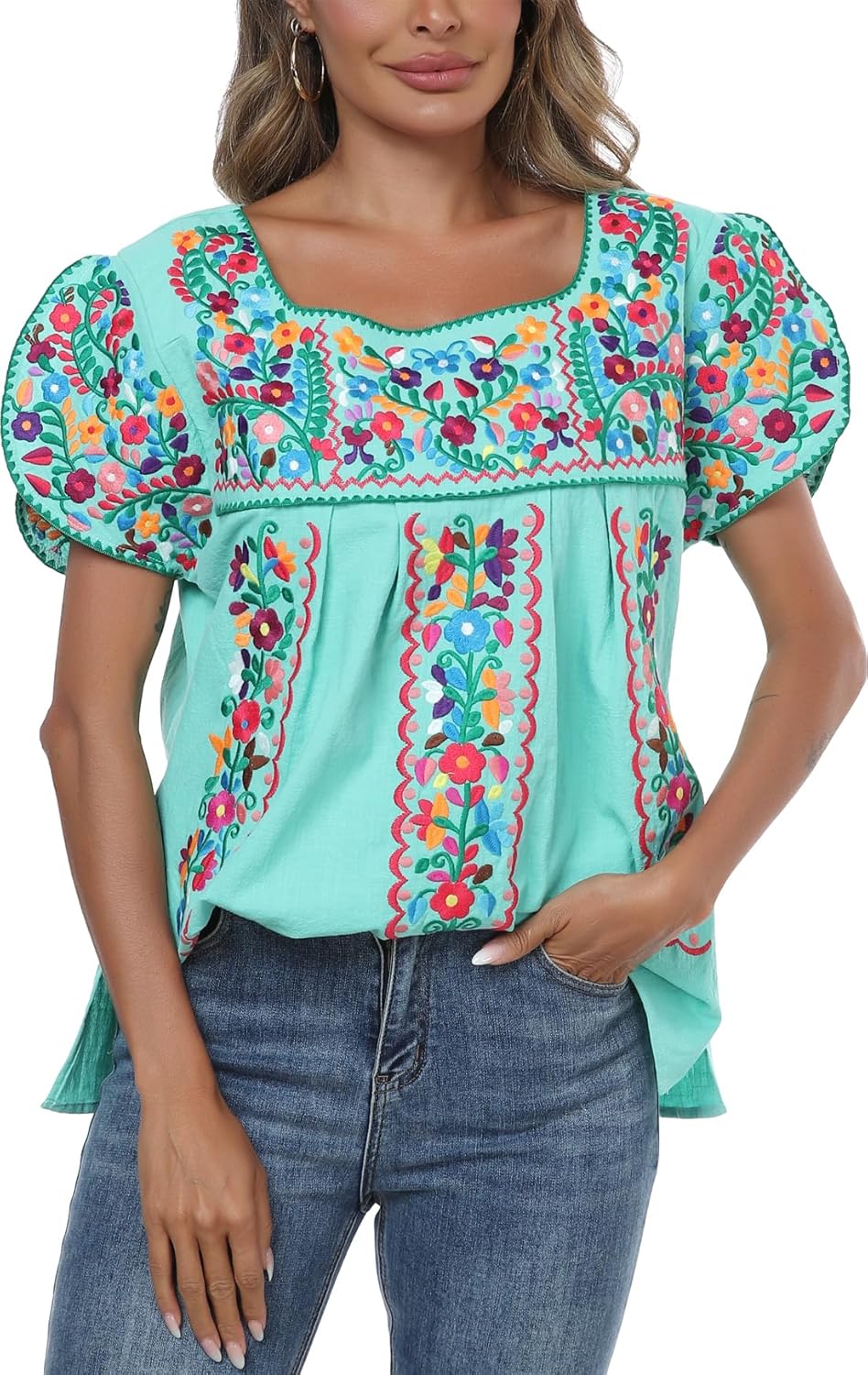 Mexican Shirts for Women Embroidered Tops Traditional Peasant Summer Tunic Blouse - Image 3