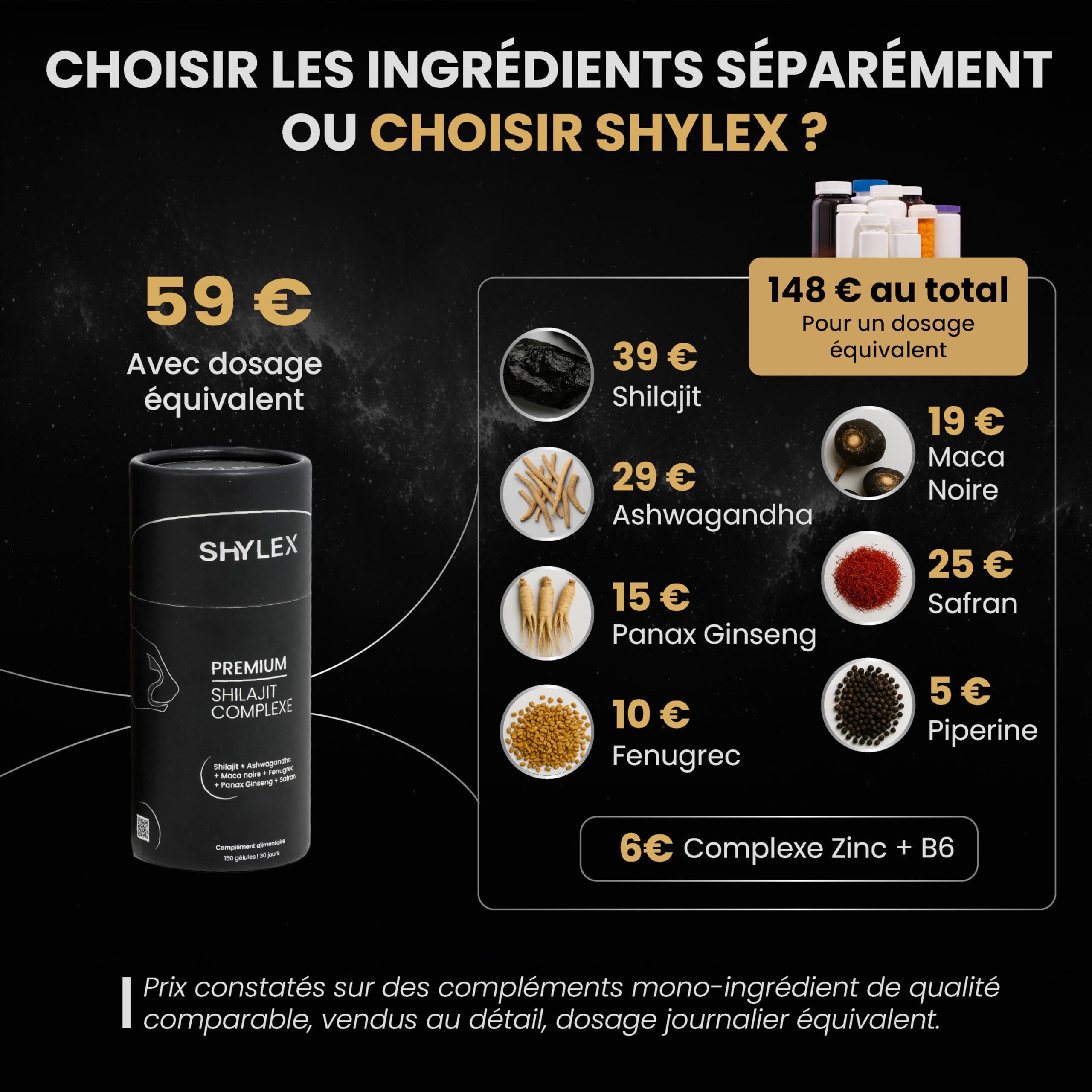 Shilajit Complexe certifié 150 Gélules Vegan – Booster de testostérone naturel avec Ashwagandha, Maca, Ginseng, Zinc & Safran – Energie, Endurance & Performances Masculine